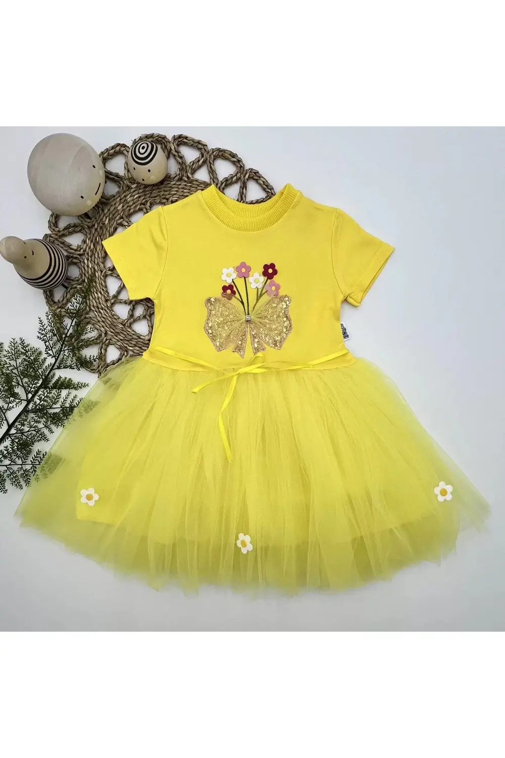 Tül Fiyonk Çiçekler Nakışlı Astarlı Kız Bebek Tütü Elbisesi Sarı