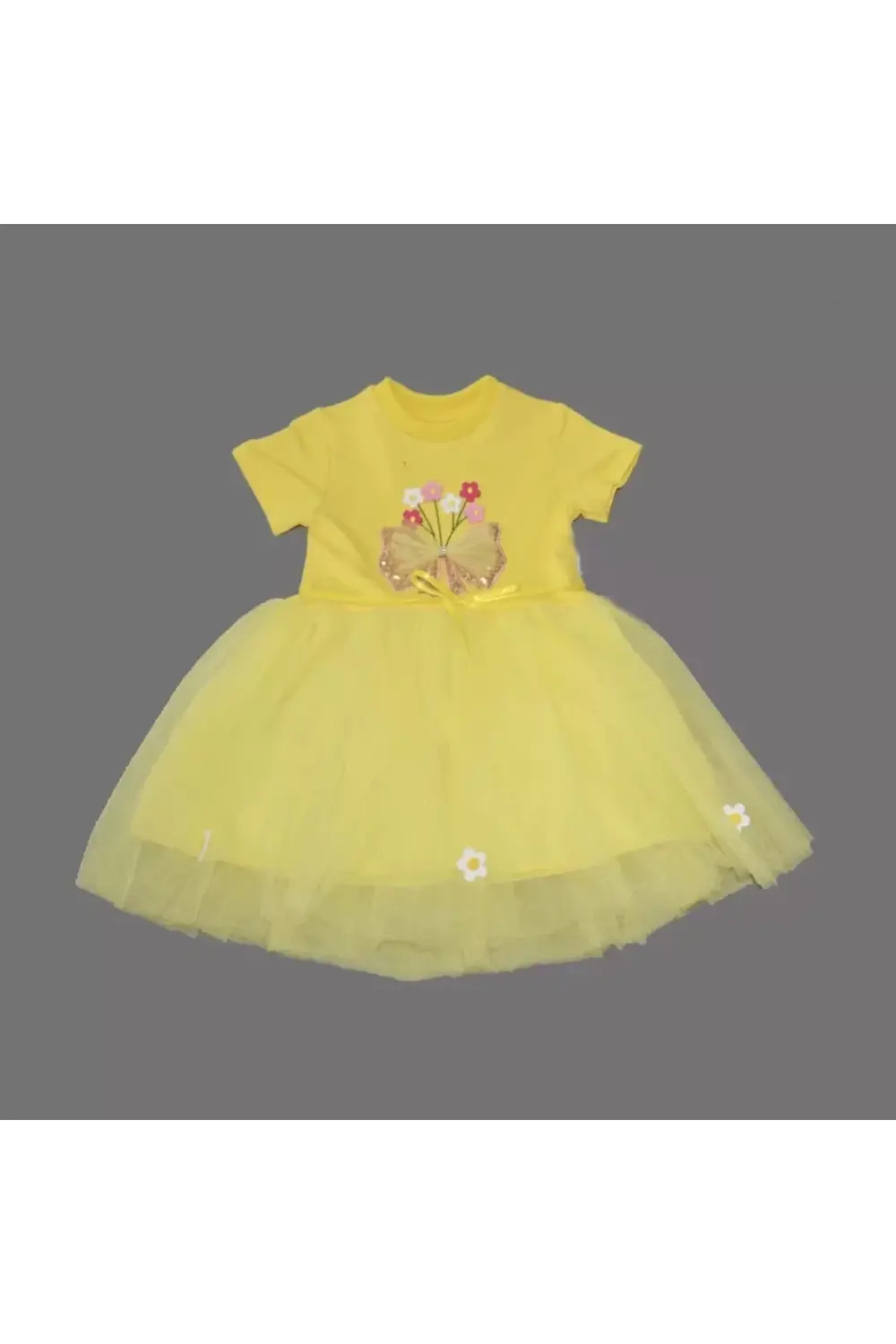 Tül Fiyonk Çiçekler Nakışlı Astarlı Kız Bebek Tütü Elbisesi Sarı