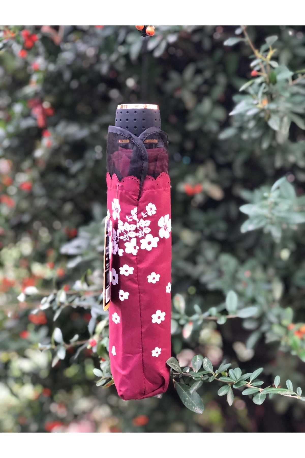 Tüllü Papatya Desenli bordo Kadın Şemsiye Tüllü Papatya Desenli bordo Kadın Şemsiye