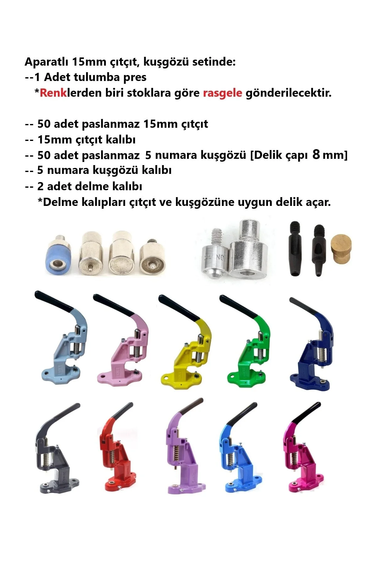 Tulumba Pres, 50 Takım 15mm Çıtçıt, No5 Kuşgözü Seti. Paslanmaz, 