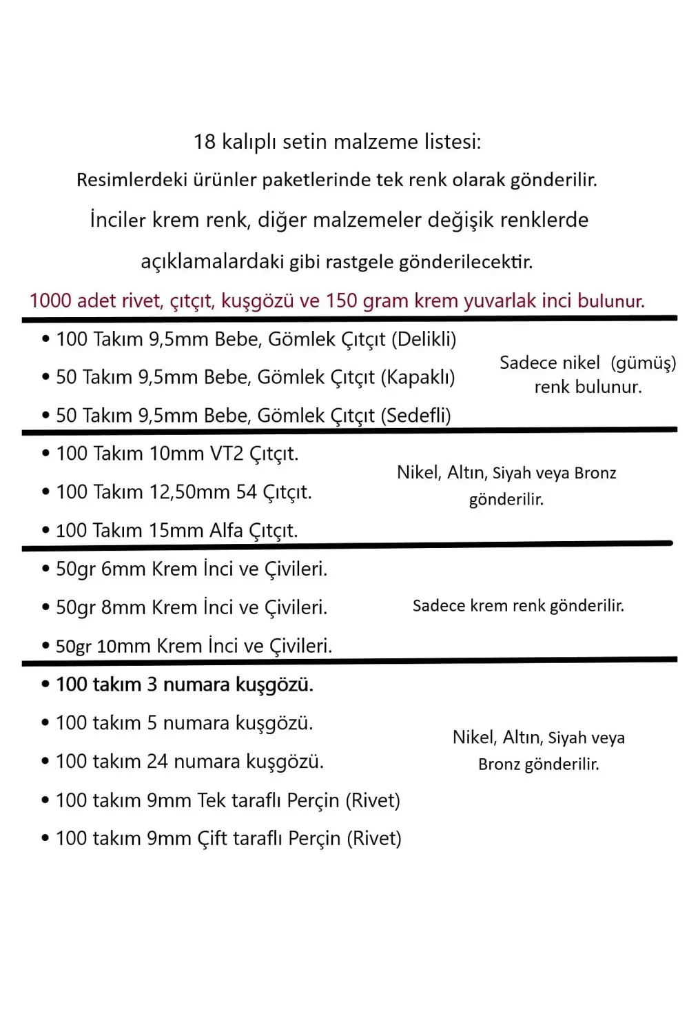 Tuhafiyecimiz Tulumba Pres Malzeme Seti. [18 Kalıplı Set Malzemeleri] (1000 Par