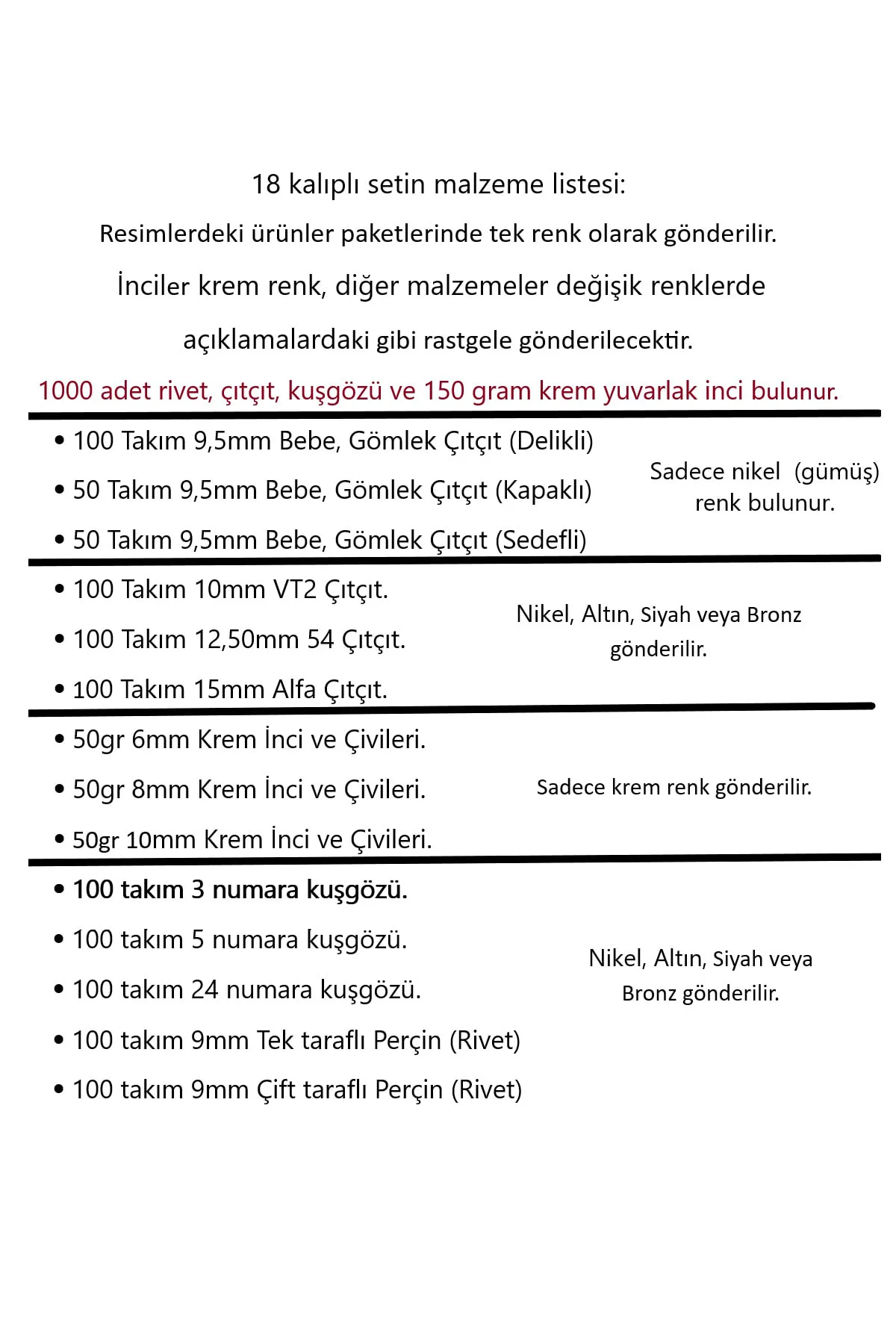 Tulumba Pres Malzeme Seti. [18 Kalıplı Set Malzemeleri] (1000 Par