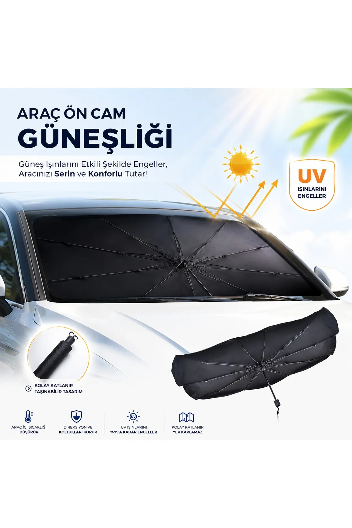 Tüm Araçlara Uyumlu Katlanır Şemsiye Oto Ön Cam Güneşliği Perde Gölgelik UV Blok