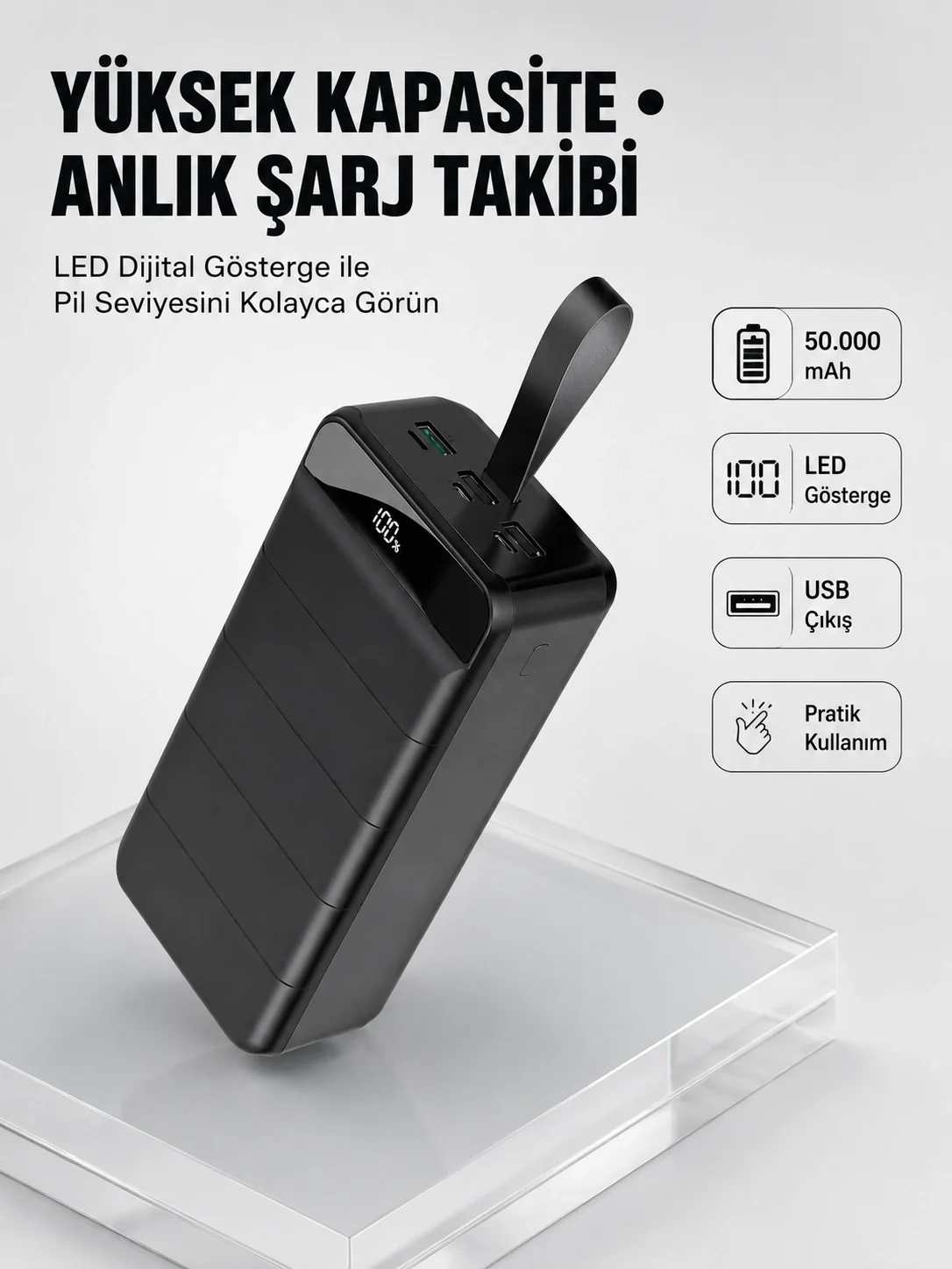 Tüm Cihazlarla Uyumlu 50.000 mAh Powerbank – Yüksek Kapasiteli, LED Gösterge ve Akıllı Koruma Fonksiyonlu