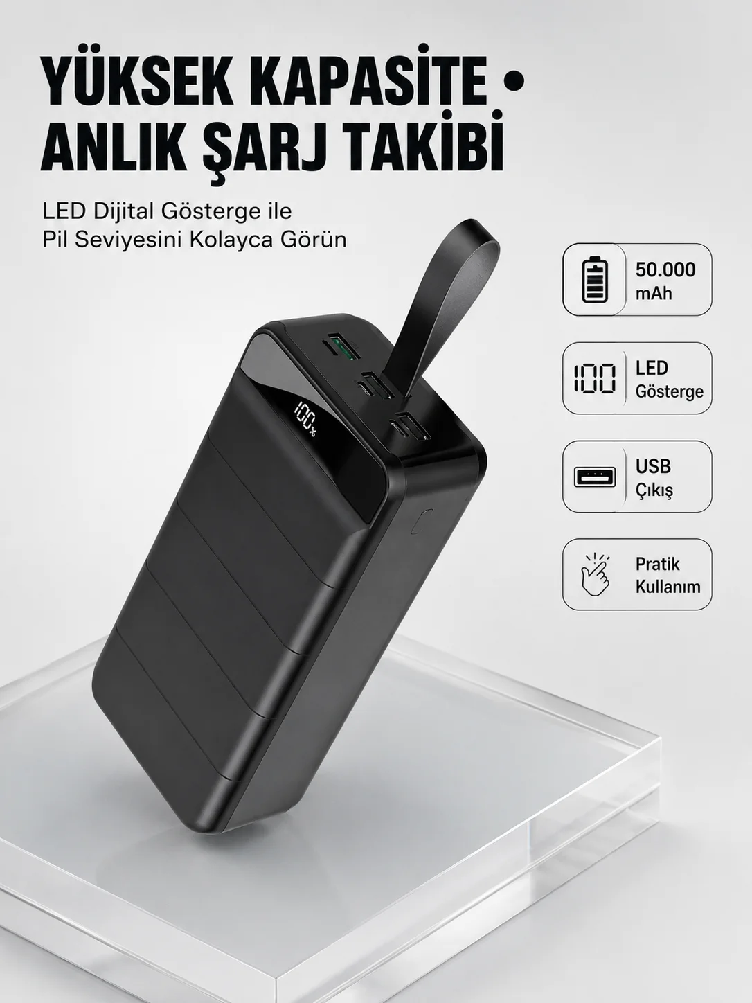 Tüm Cihazlarla Uyumlu 50.000 mAh Powerbank – Yüksek Kapasiteli, LED Gösterge ve Akıllı Koruma Fonksiyonlu
