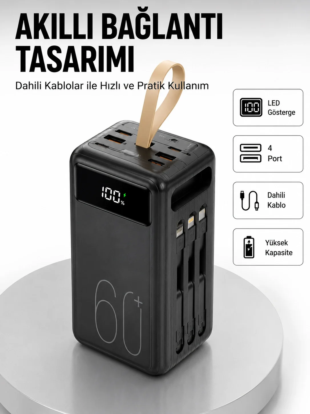 Tüm Cihazlarla Uyumlu LED Fenerli 4 Çıkışlı Powerbank Yeni Nesil