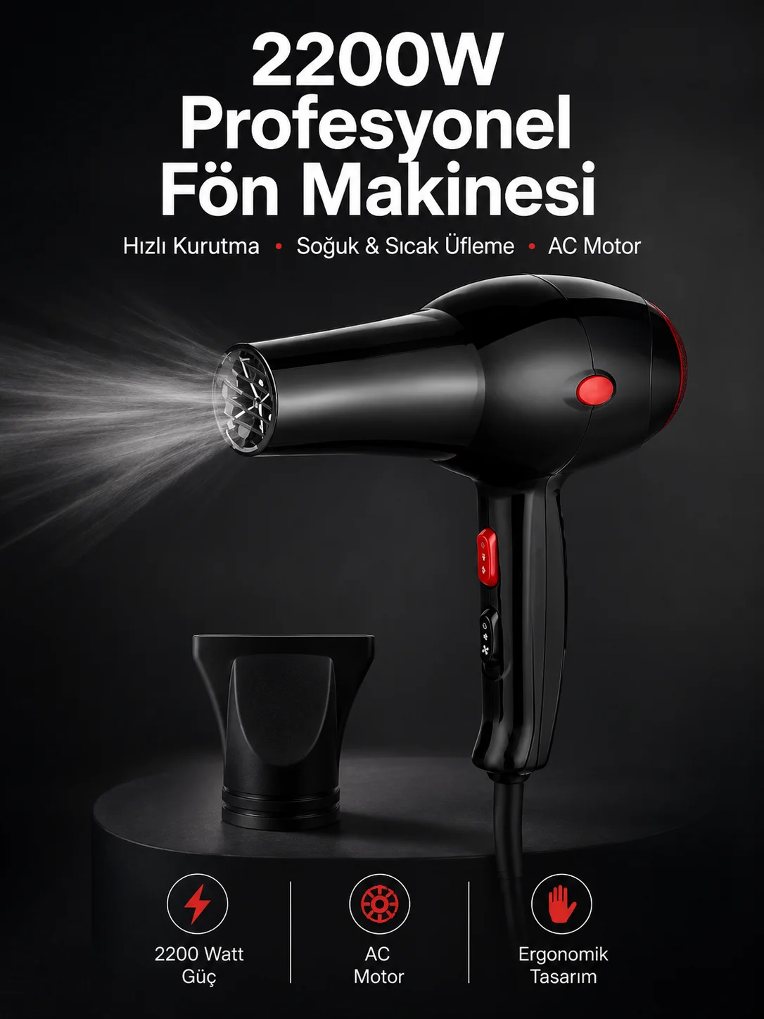 Tüm Saç Tiplerine Uygun, İki Kademeli Hız Ayarlı Fön Makinesi