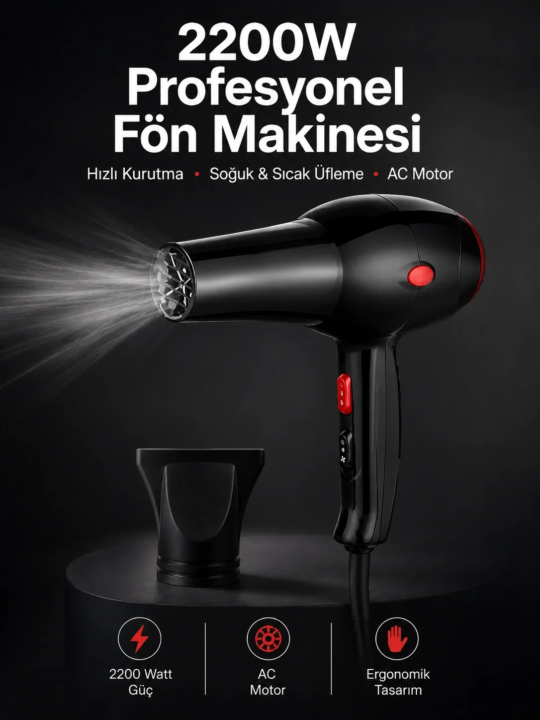 Tüm Saç Tiplerine Uygun, İki Kademeli Hız Ayarlı Fön Makinesi