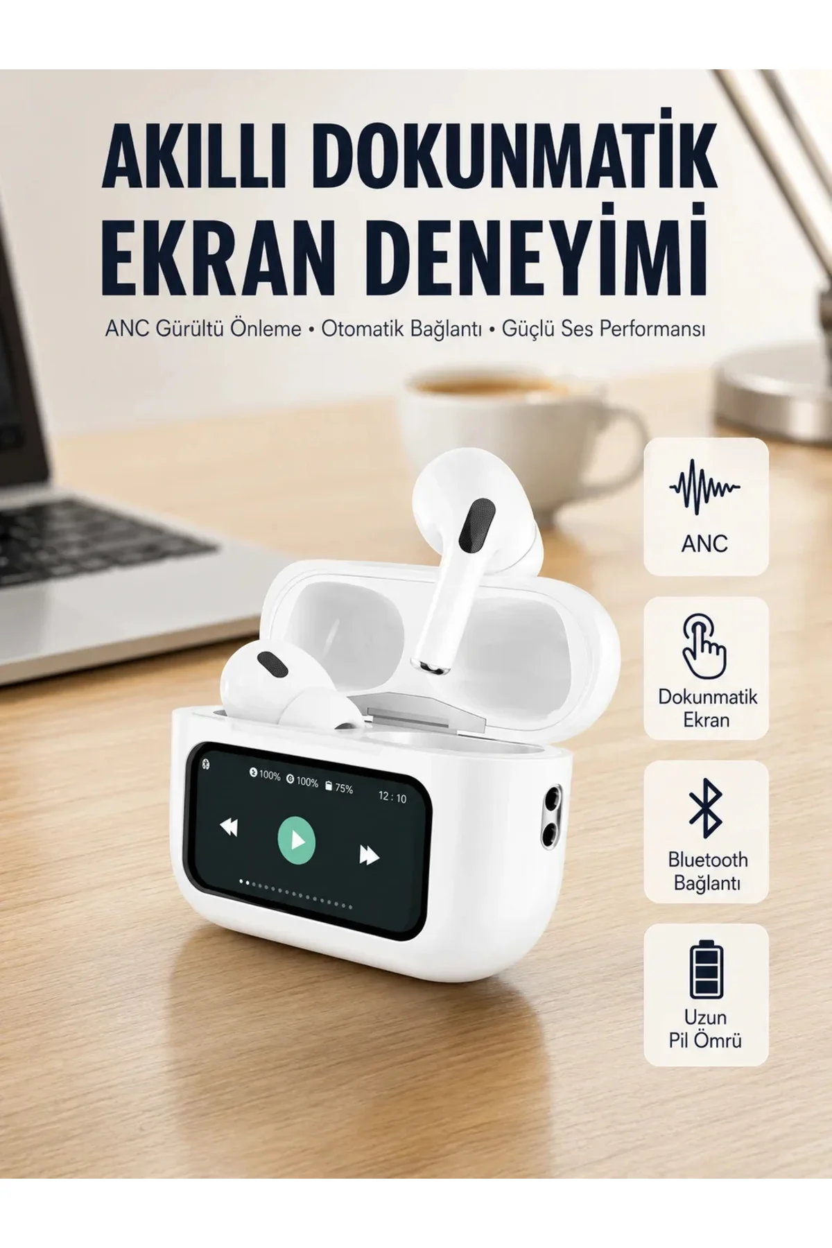 Tüm Telefonlarla Uyumlu ANC Özellikli Dokunmatik Bluetooth Kulaklık Yeni Nesil Tüm Telefonlarla Uyumlu ANC Özellikli Dokunmatik Bluetooth Kulaklık Yeni Nesil