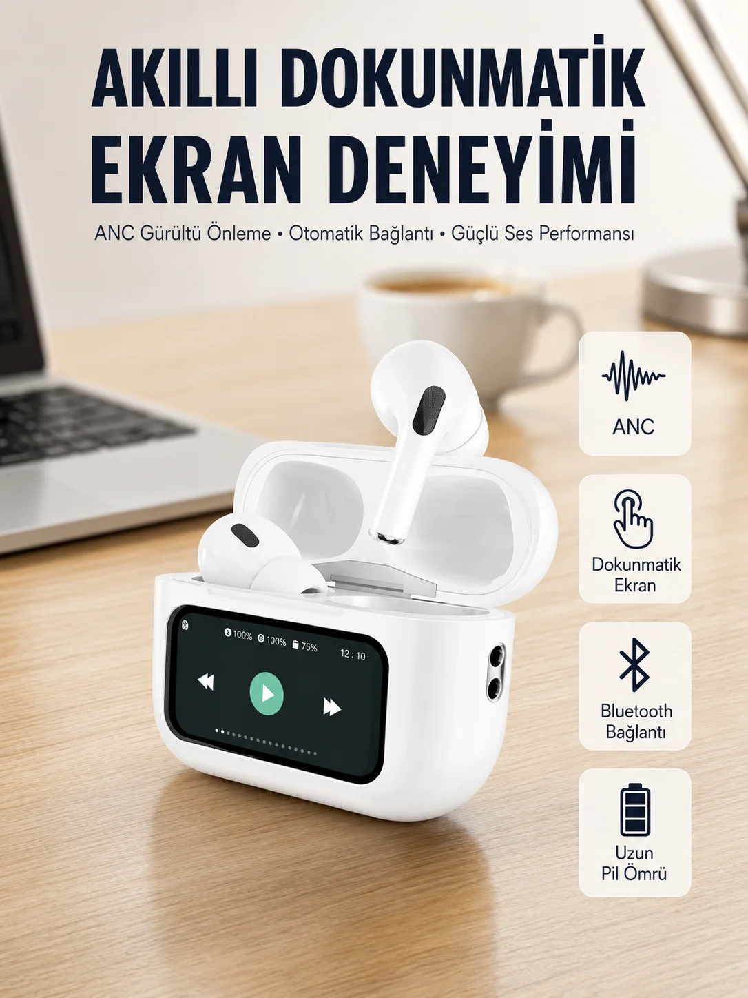 Tüm Telefonlarla Uyumlu ANC Özellikli Dokunmatik Bluetooth Kulaklık Yeni Nesil Tüm Telefonlarla Uyumlu ANC Özellikli Dokunmatik Bluetooth Kulaklık Yeni Nesil