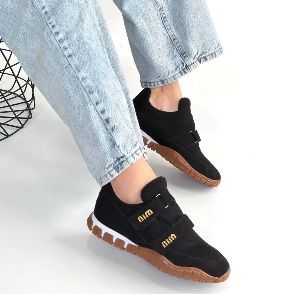 Tunga Siyah Süet Cırt Cırtlı Spor Ayakkabı