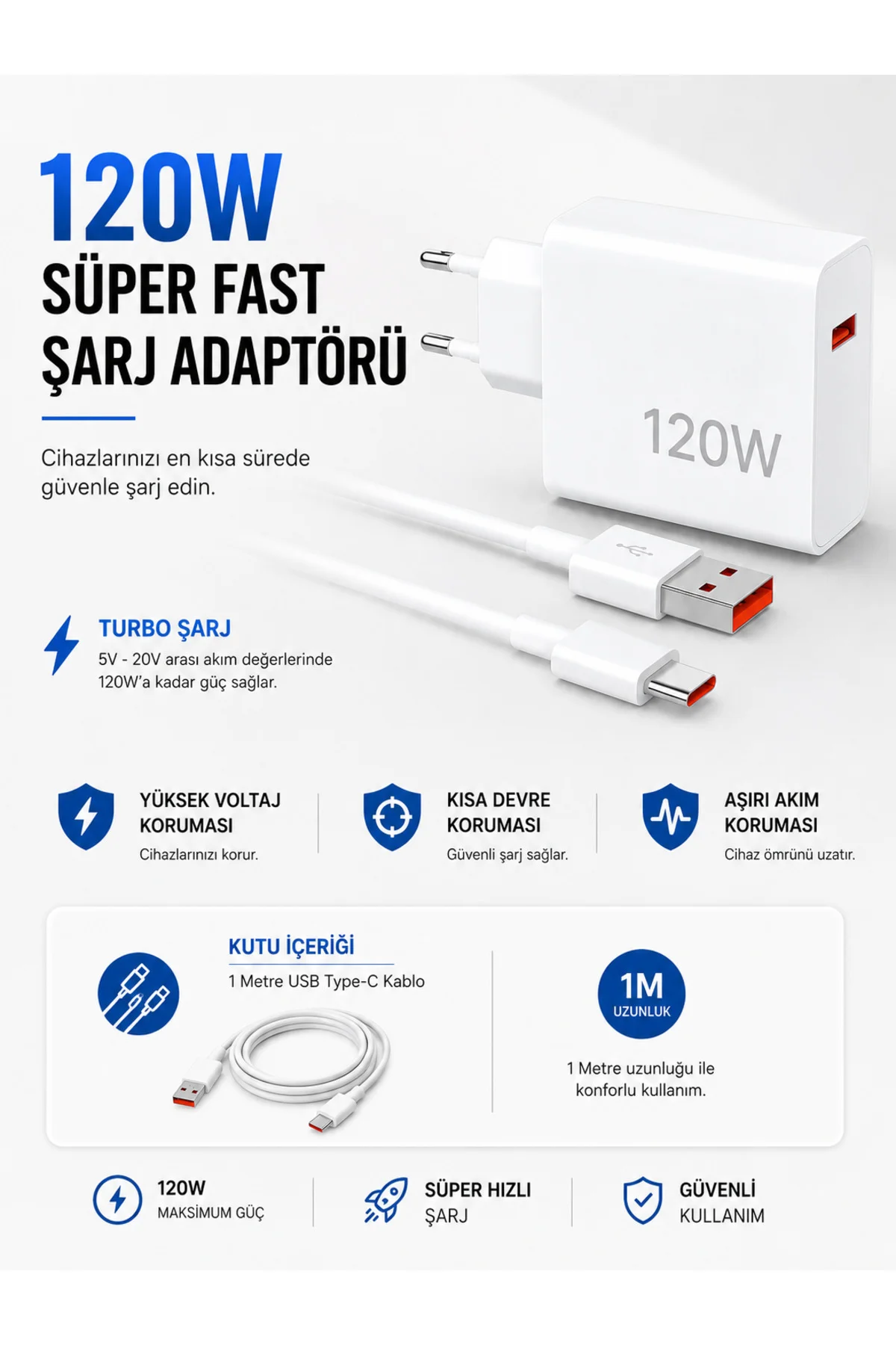 Turbo 120W Hızlı Şarj Cihazı Type-C Kablolu
