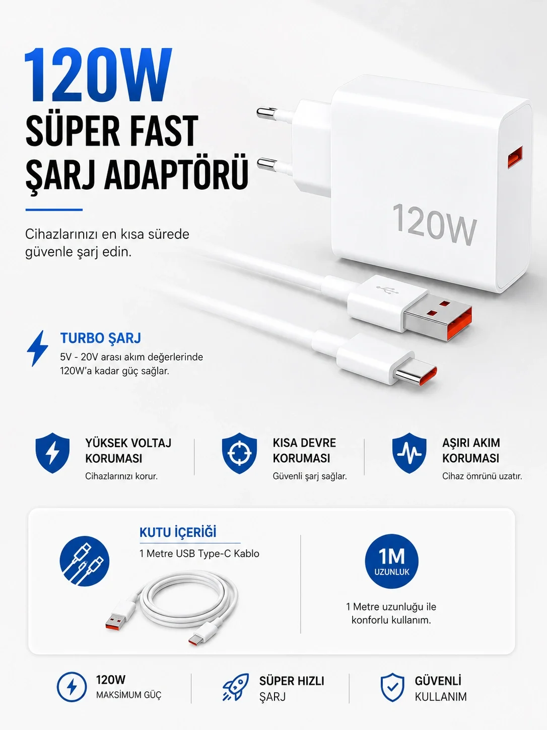 Turbo 120W Hızlı Şarj Cihazı Type-C Kablolu