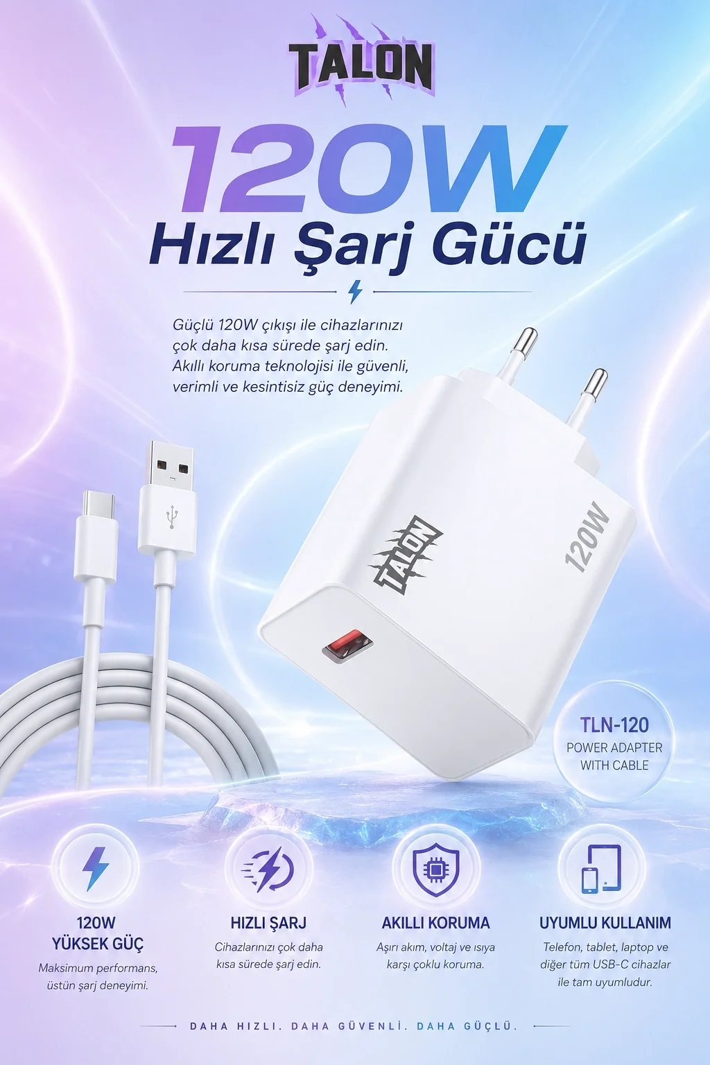 Turbo Şarj Destekli 120W Adaptör Ve Kablo Seti Telefon Uyumlu Pratik Kullanım
