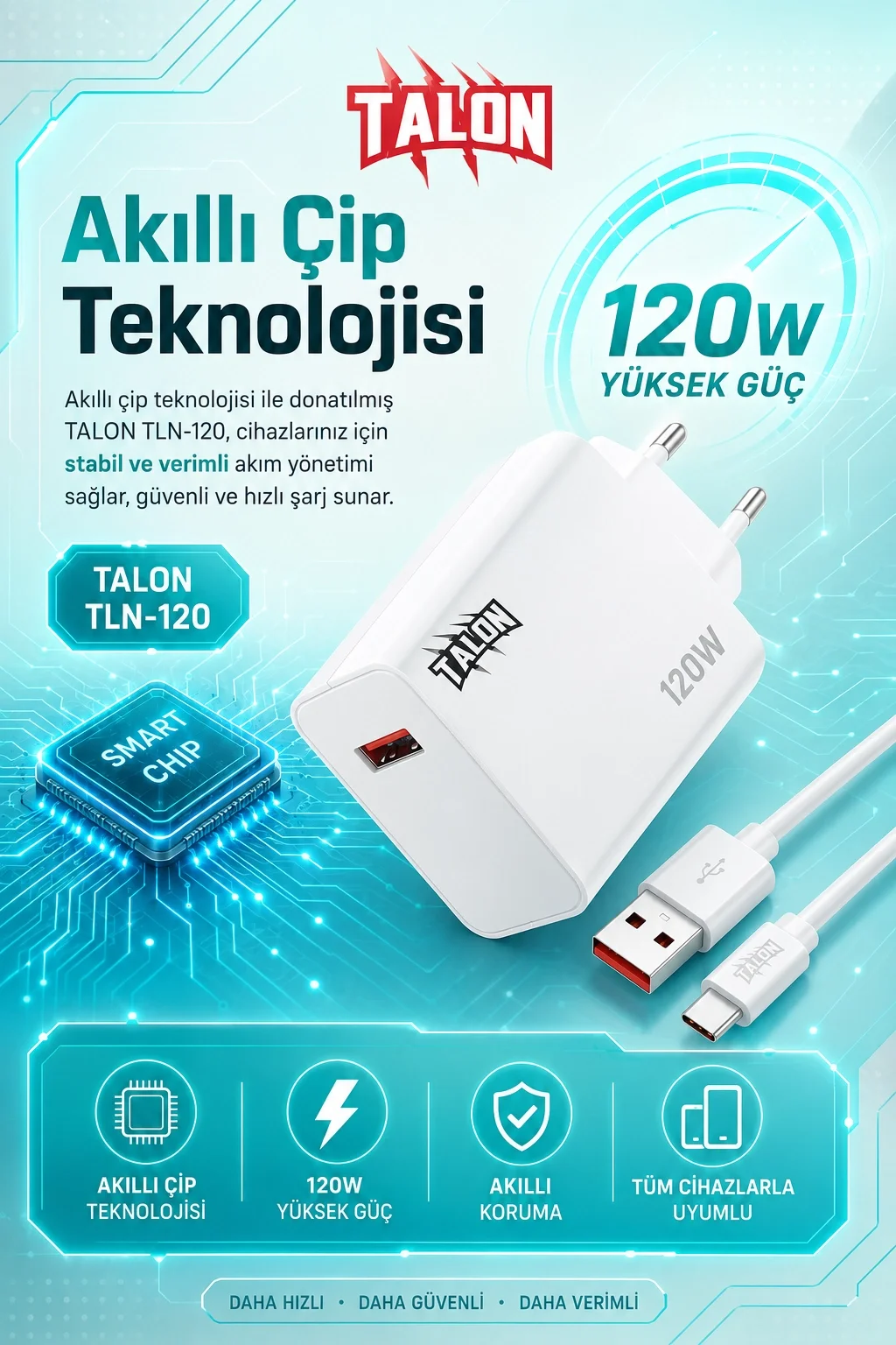 Turbo Şarj Destekli 120W Adaptör Ve Kablo Seti Telefon Uyumlu Pratik Kullanım