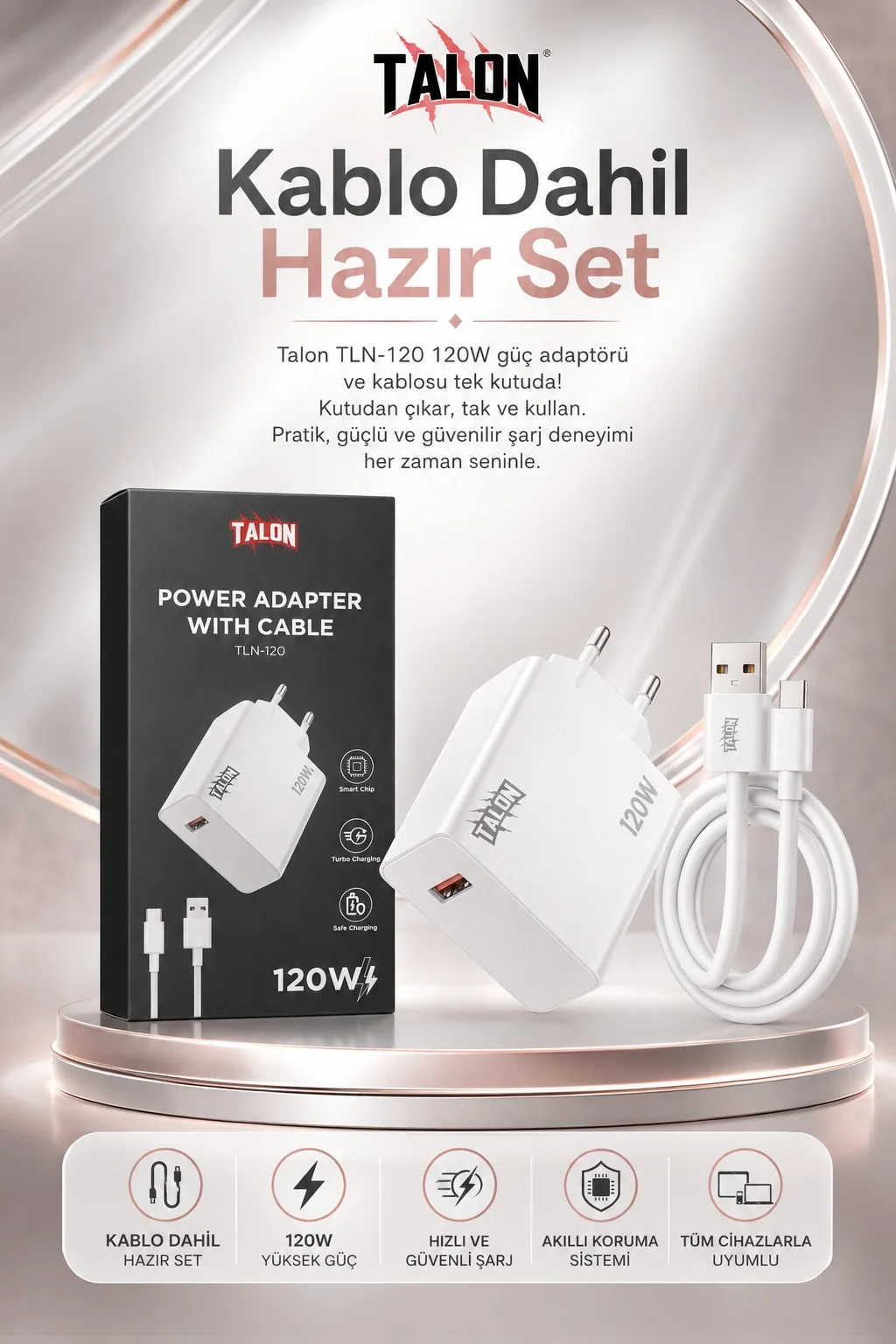 Turbo Şarj Destekli 120W Adaptör Ve Kablo Seti Telefon Uyumlu Pratik Kullanım