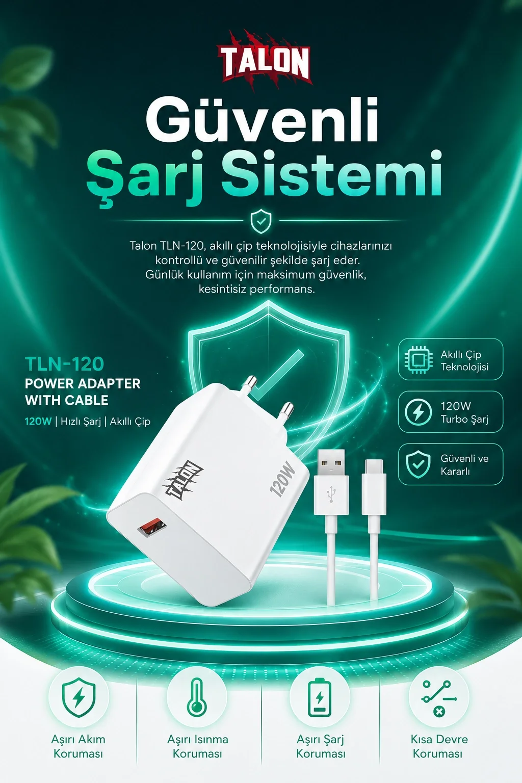 Turbo Şarj Destekli 120W Adaptör Ve Kablo Seti Telefon Uyumlu Pratik Kullanım