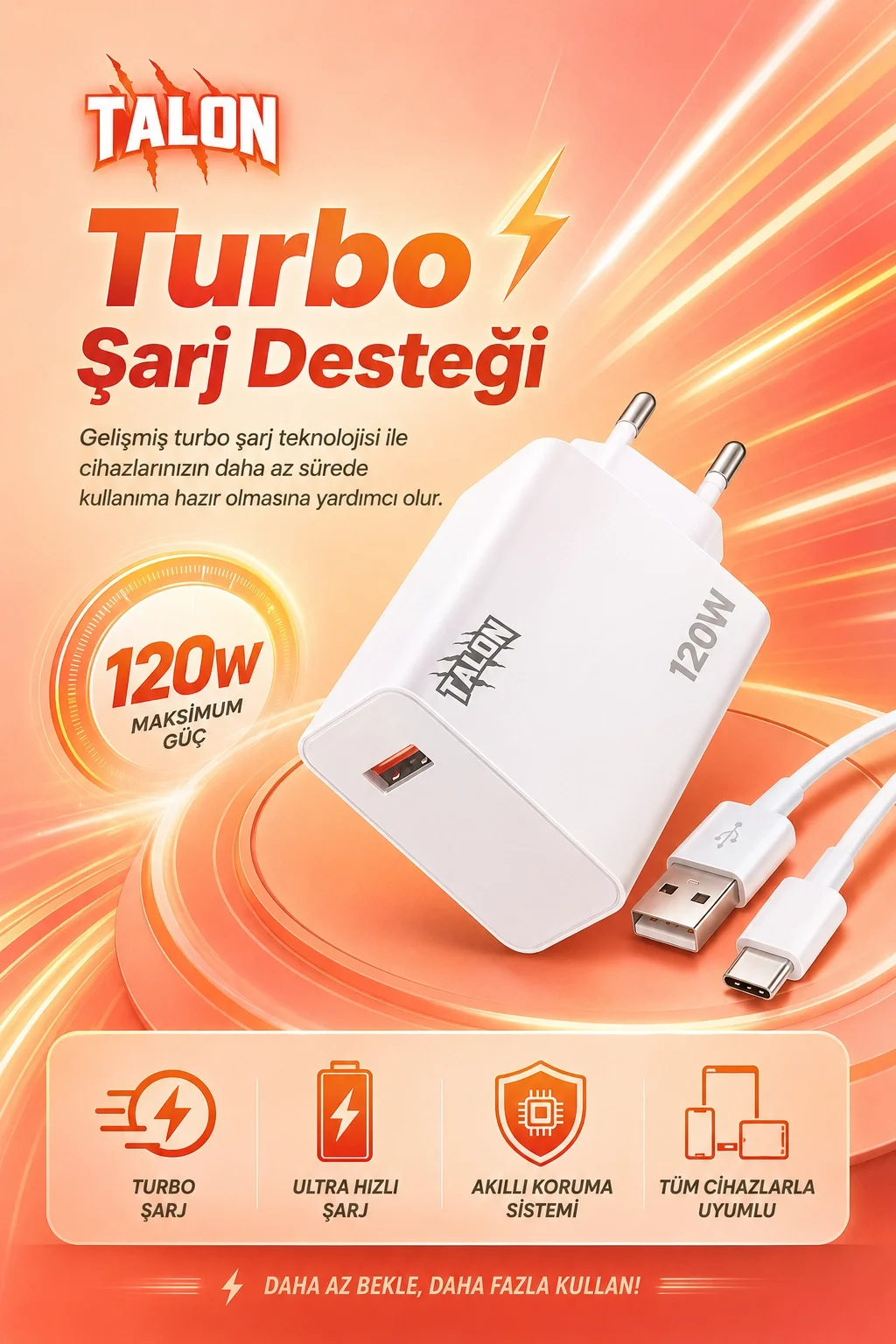 Turbo Şarj Destekli 120W Adaptör Ve Kablo Seti Telefon Uyumlu Pratik Kullanım