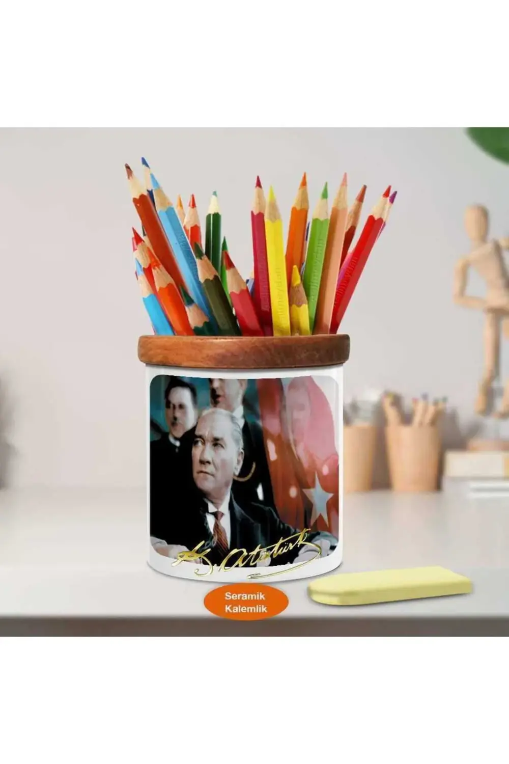 Türk Bayrağı Mustafa Kemal Atatürk Ahşap Seramik Kalemlik -22