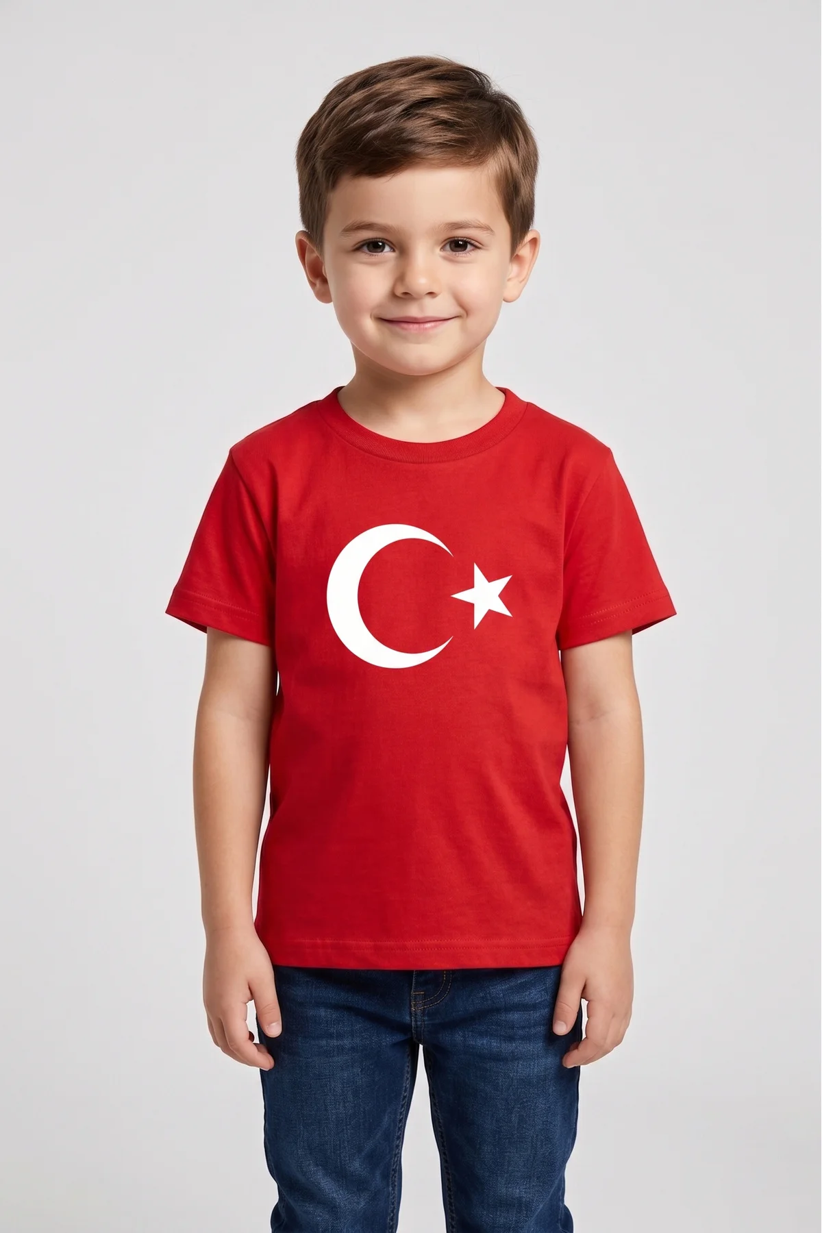 Türk Bayraklı Ay Yıldız Baskılı Kırmızı Çocuk Tişört - 23 Nisan &