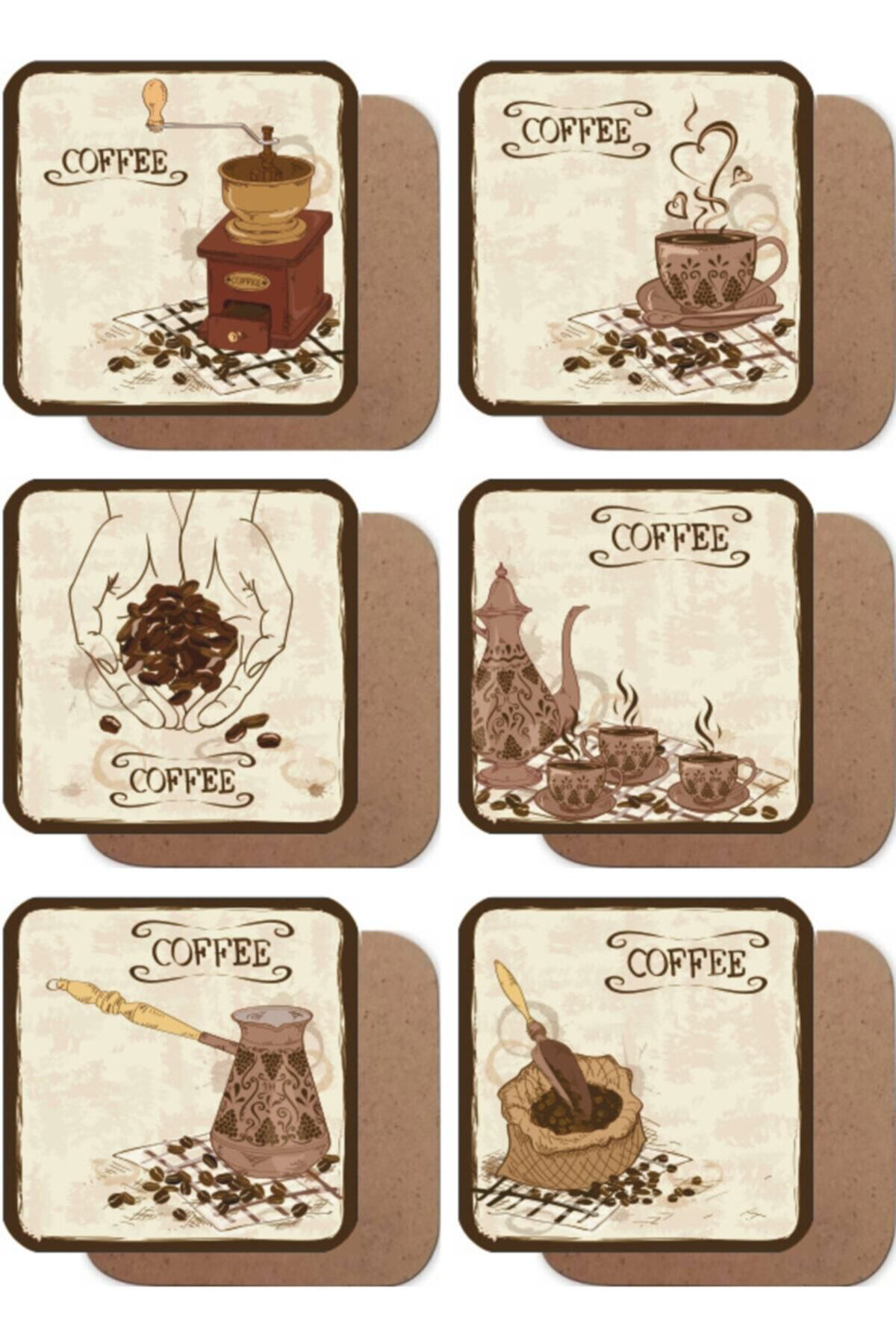 Türk Kahvesi Ve Kahve Çekirdeği Değirmeni 6lı Retro Ahşap Bardak 