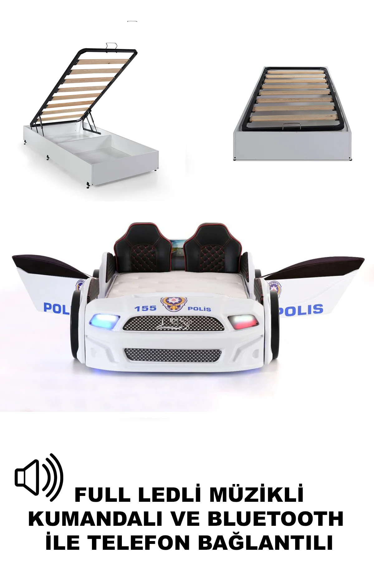 Türk Polis Arabalı Yatak Kapıları Açılan Mustang Full Ledli Kumandalı ve Müzikli + Baza