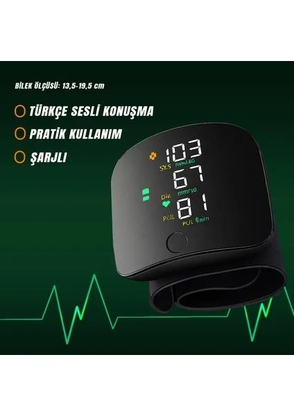 Türkçe Konuşan Şarjlı Bilekten Dijital Tansiyon ve Nabız Ölçüm Cihazı LCD Ekranlı