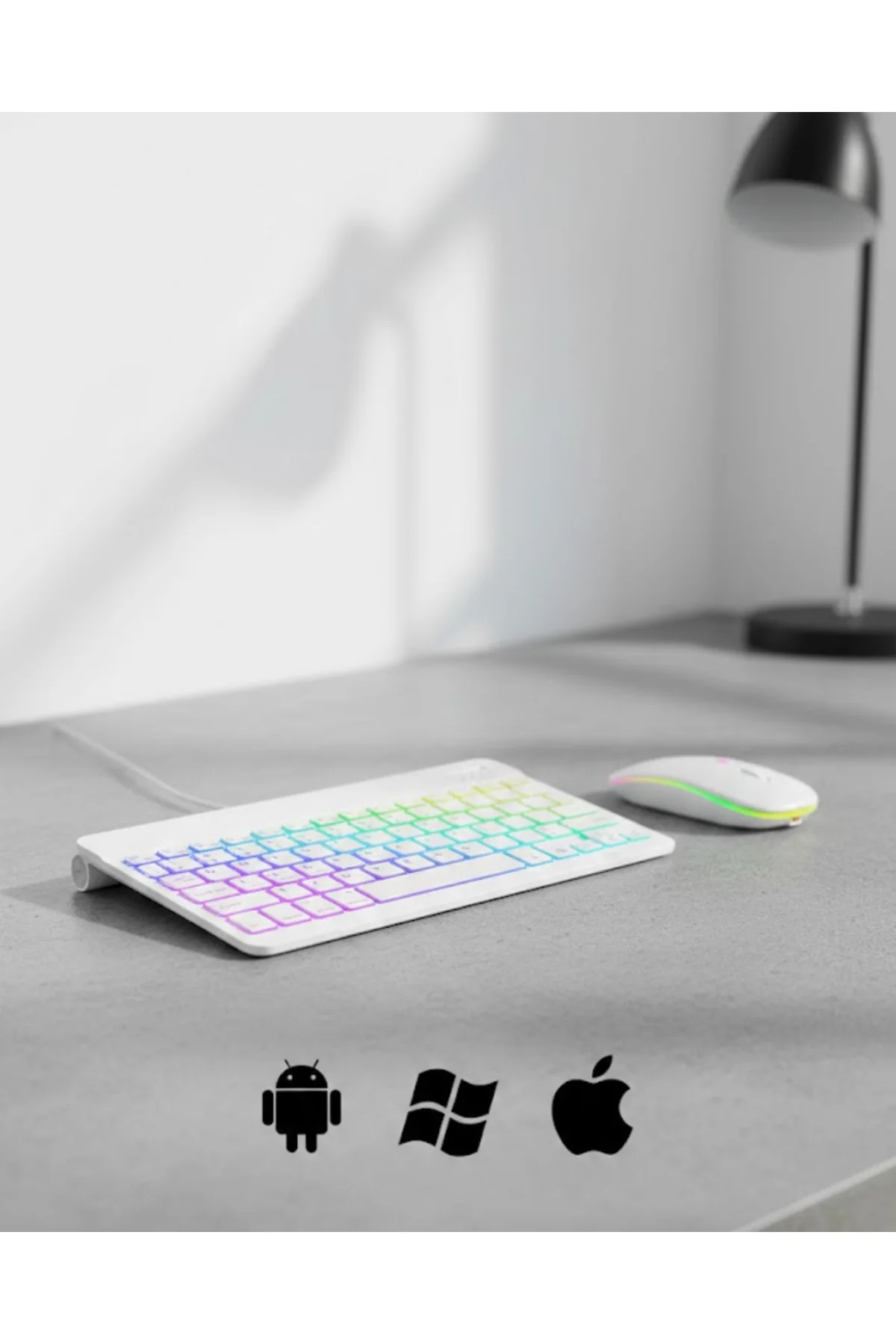 Türkçe Q Aydınlatmalı Klavye Mouse Seti Kablosuz Bluetooth Destek