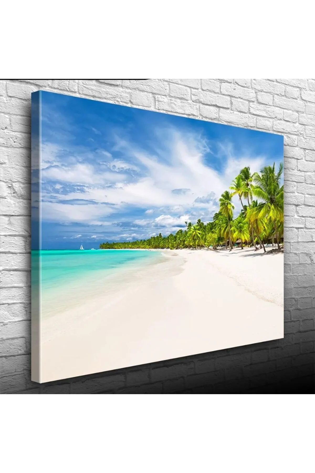 Turkuaz Deniz Palmiyeler ve Bembeyaz Kumsal Kanvas Tablo 50 x 70
