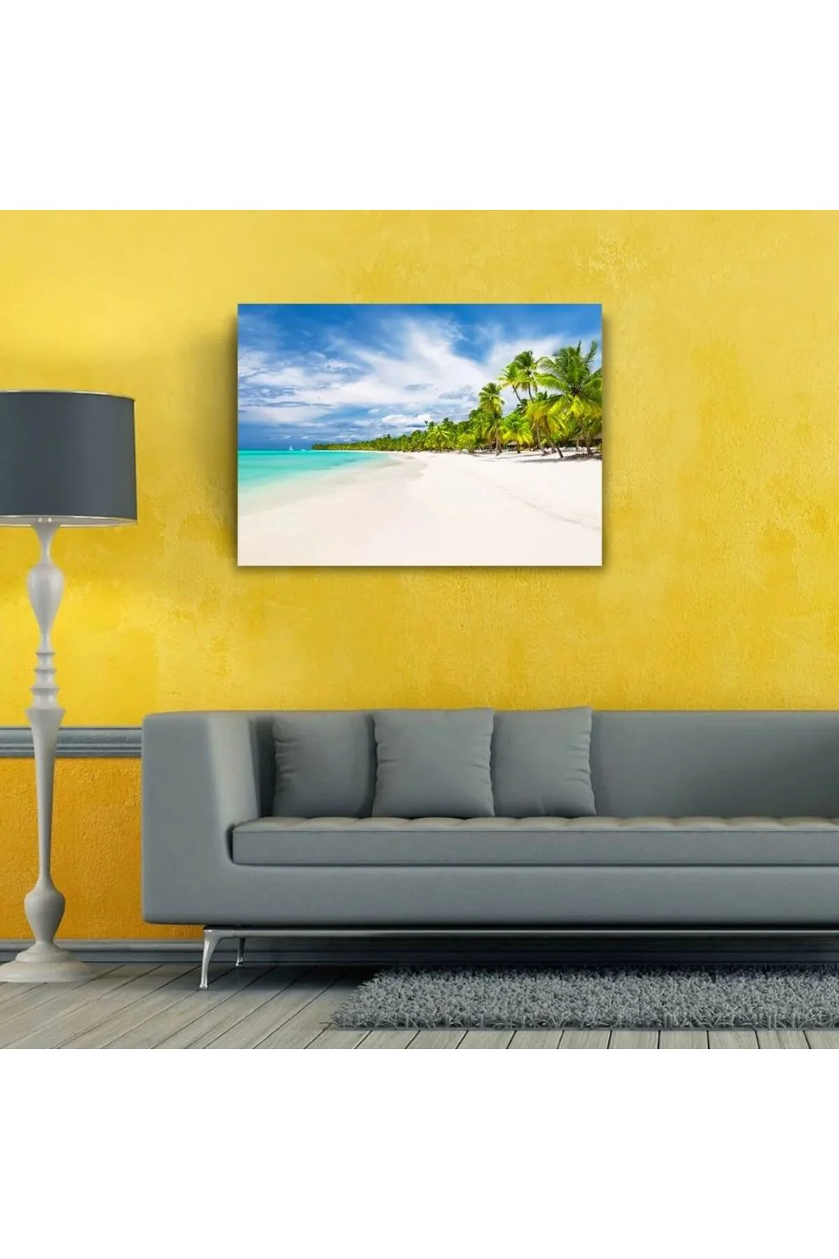 Turkuaz Deniz Palmiyeler ve Bembeyaz Kumsal Kanvas Tablo 50 x 70