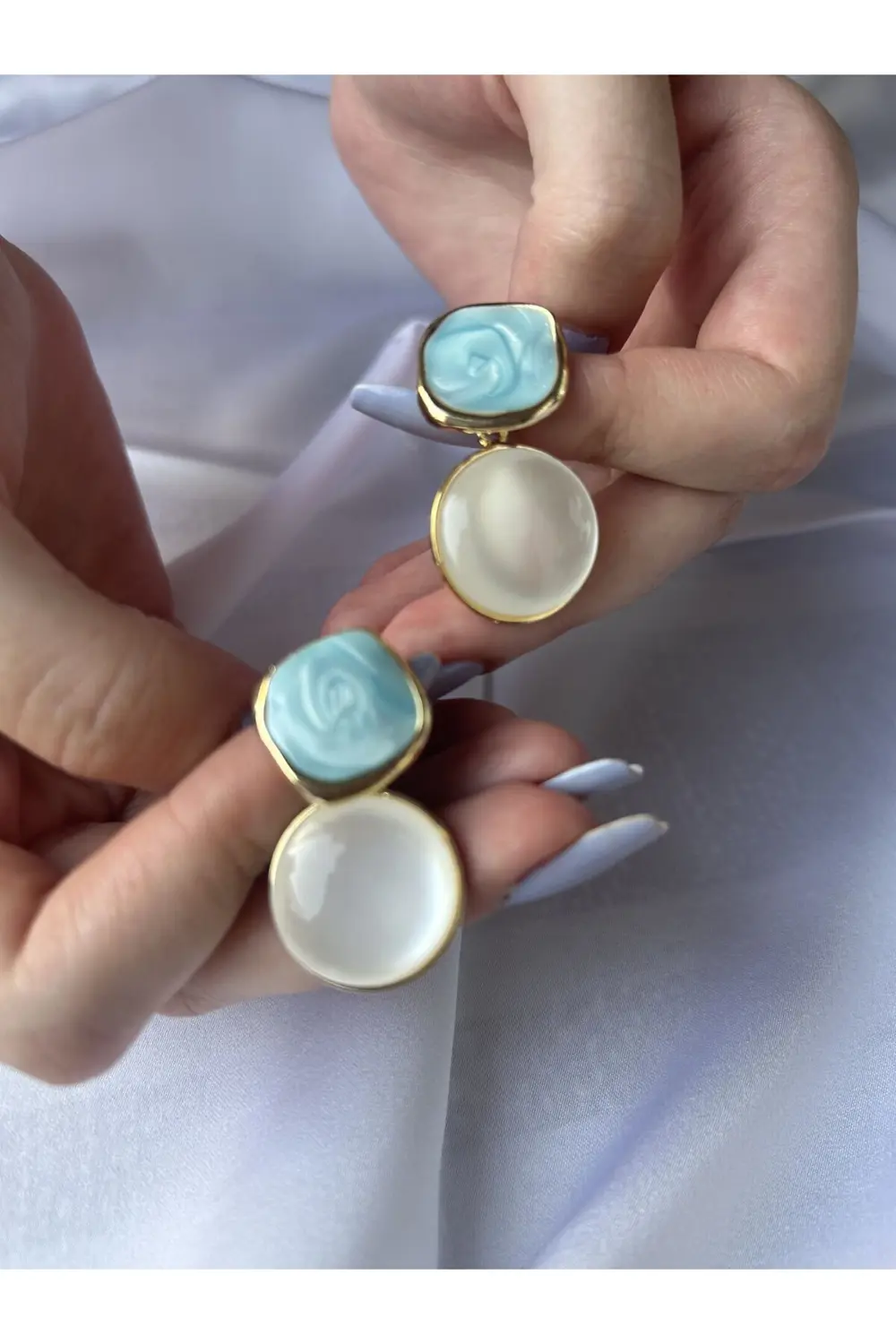 Atelier Emine Turkuaz Mineli Çift Motif Küpe