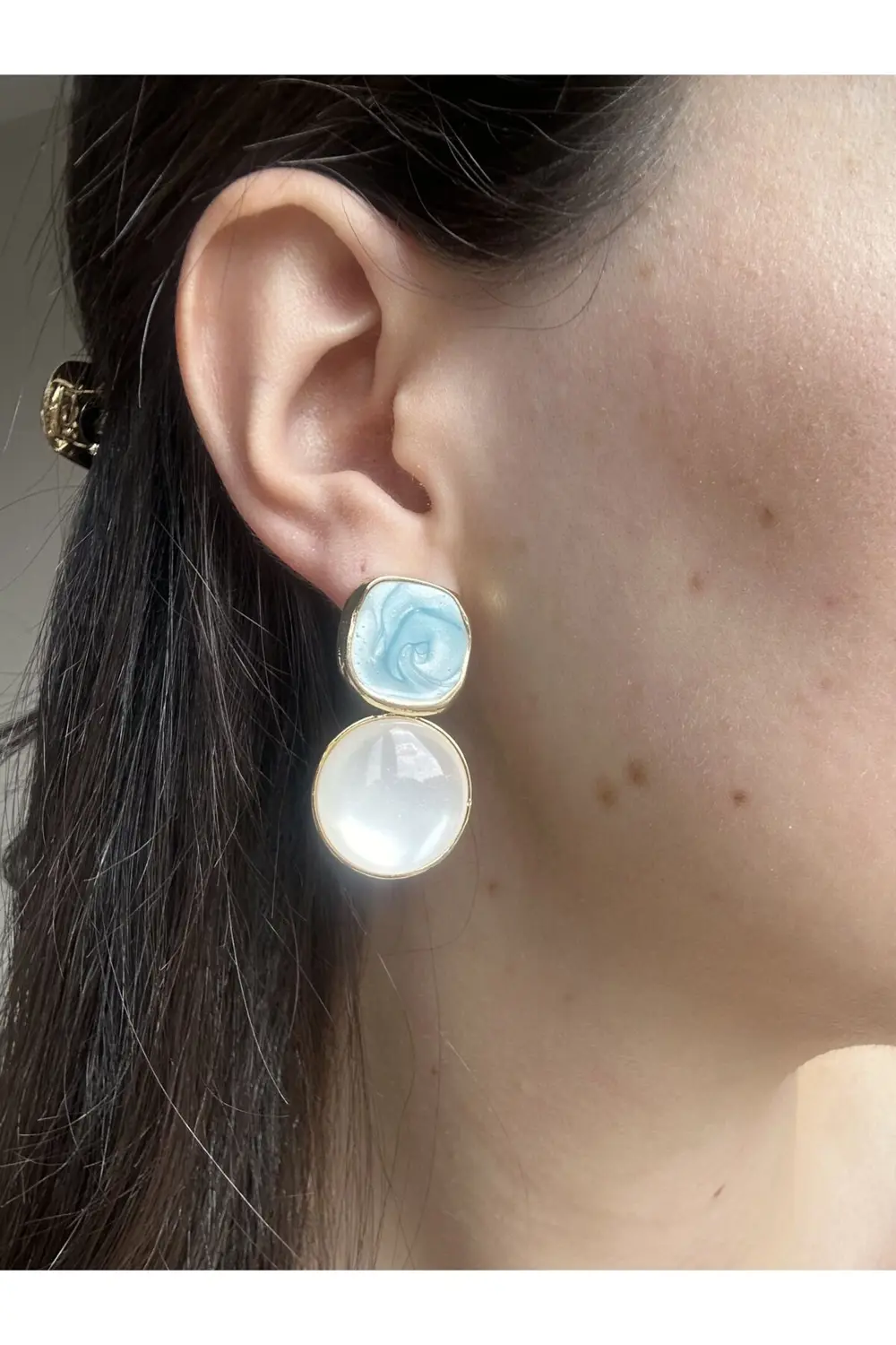 Atelier Emine Turkuaz Mineli Çift Motif Küpe