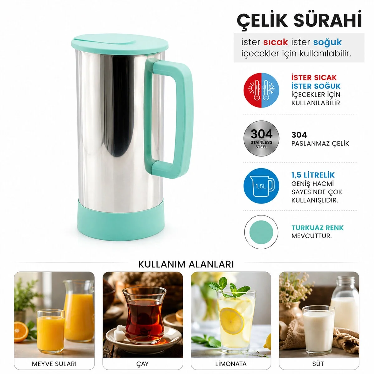 Turkuaz - Paslanmaz Çelik Sıcak - Soğuk Çelik Sürahi Bx40 Fiyatı, Yorumları ve Özellikleri