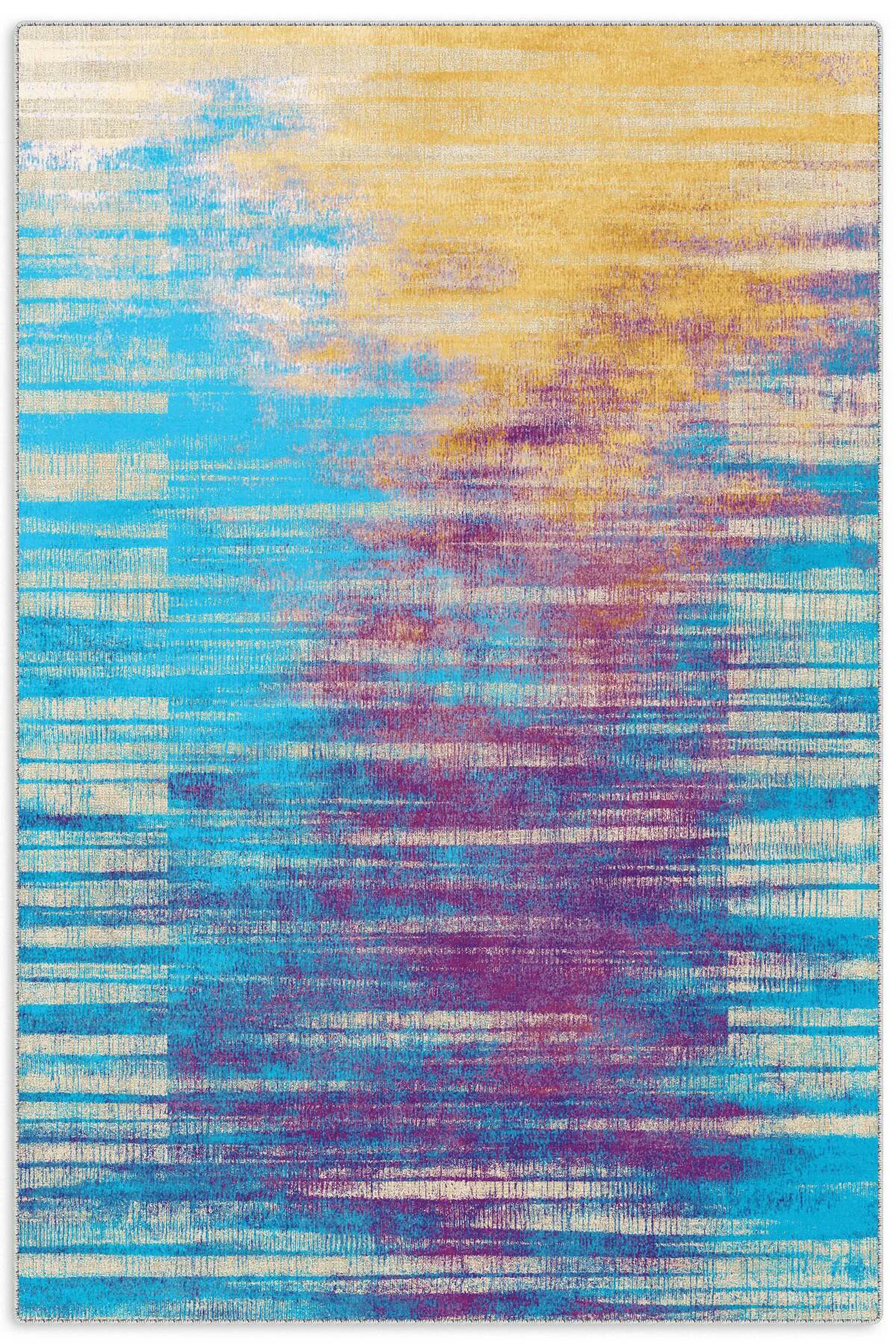 Turkuaz Sarı Mor Abstract Tasarım Şönil Halı Kilim Yolluk Kaymaz 