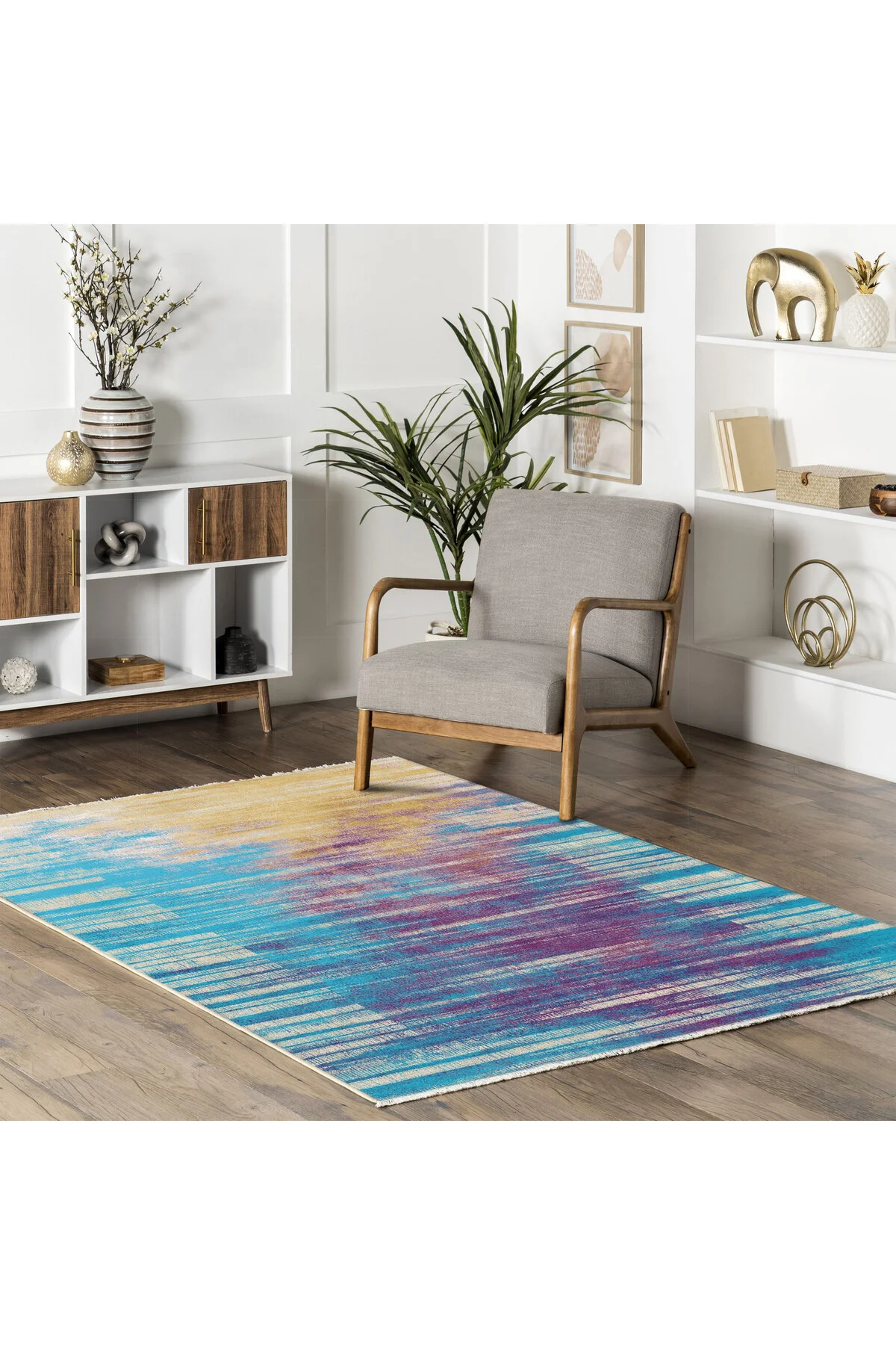 Turkuaz Sarı Mor Abstract Tasarım Şönil Halı Kilim Yolluk Kaymaz 