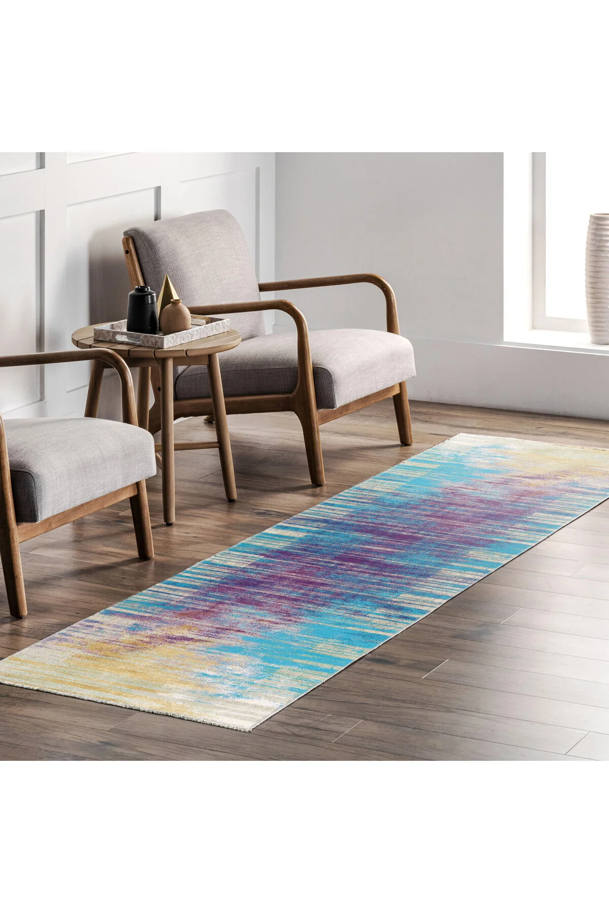 Turkuaz Sarı Mor Abstract Tasarım Şönil Halı Kilim Yolluk Kaymaz 