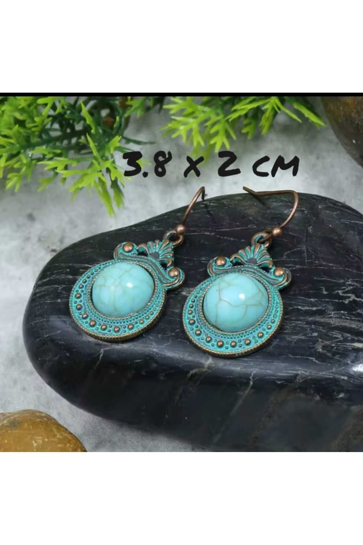 Bijuteri Küpe Turkuaz Taşlı Etnik Tribal Boho  Küpe