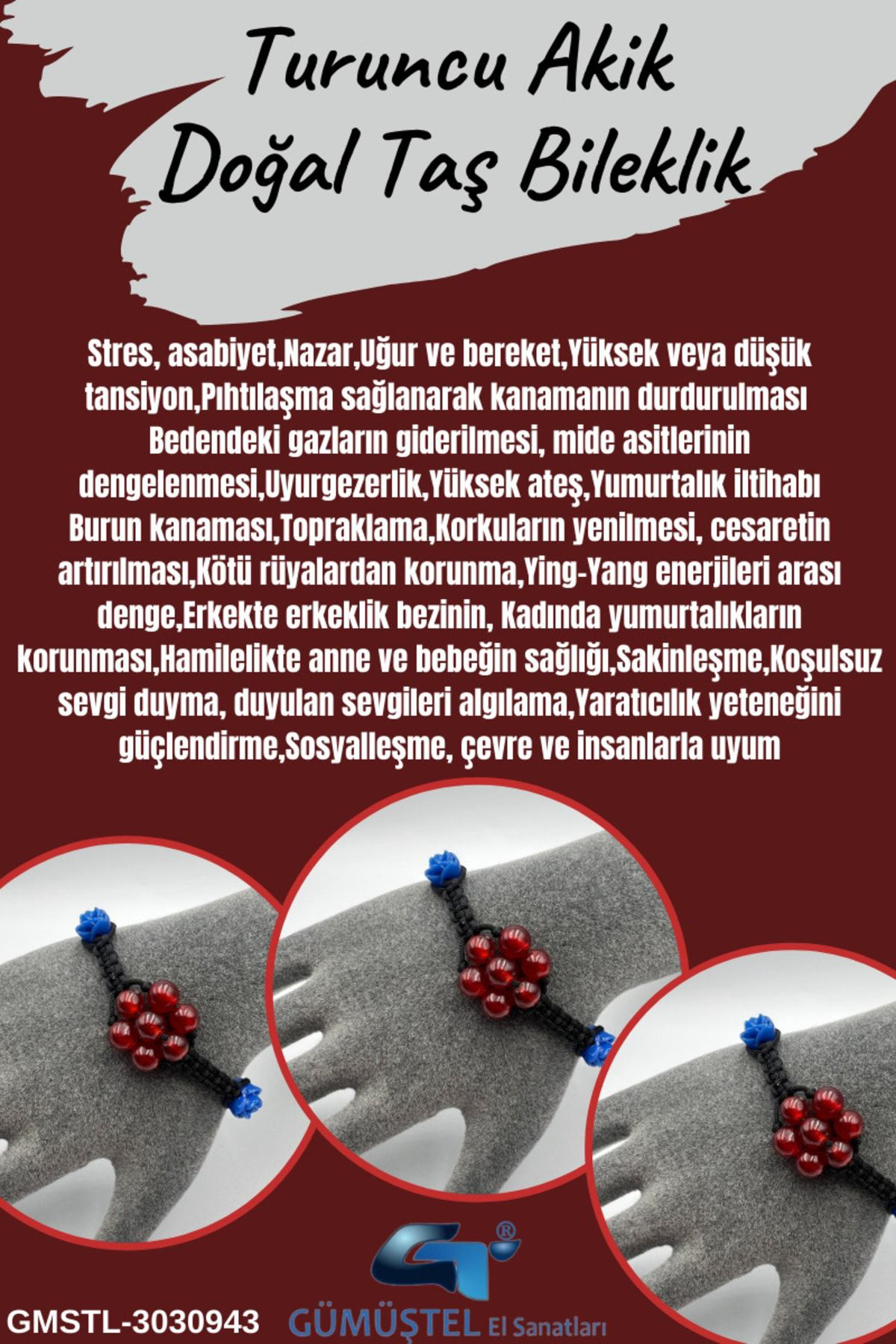 Turuncu Akik Doğal Taş Bileklik Asansörlü Kilit Sistemi Aaa Kalit