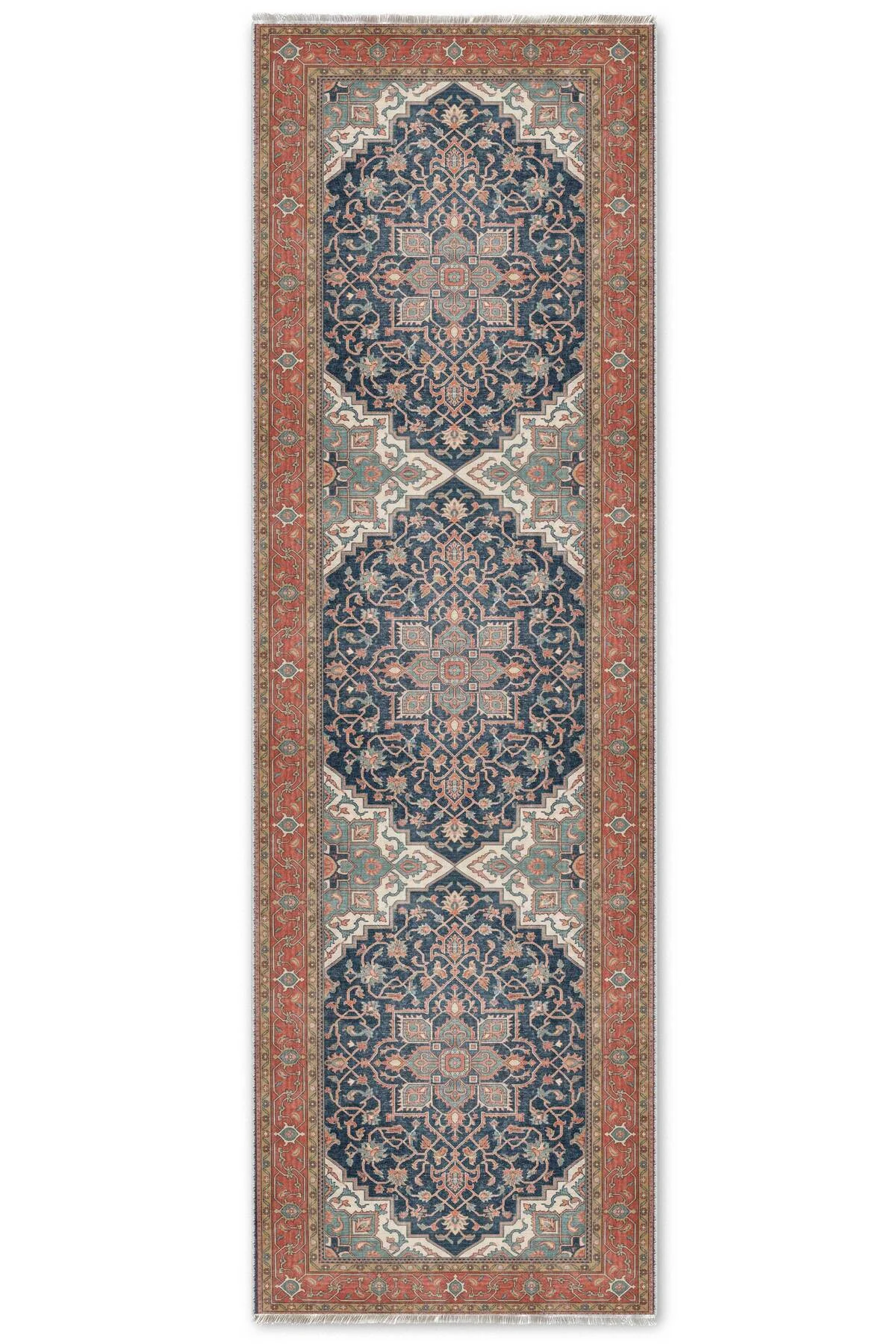 Turuncu Lacivert Boho Eskitme Şönil Halı Kilim Yolluk Kaymaz Salon Mutfak Koridor