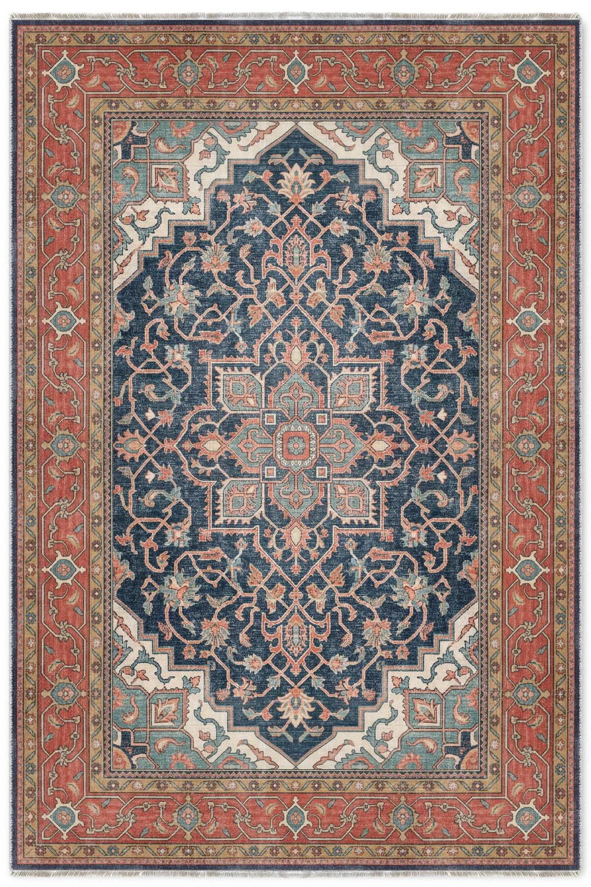 Turuncu Lacivert Boho Eskitme Şönil Halı Kilim Yolluk Kaymaz Salo
