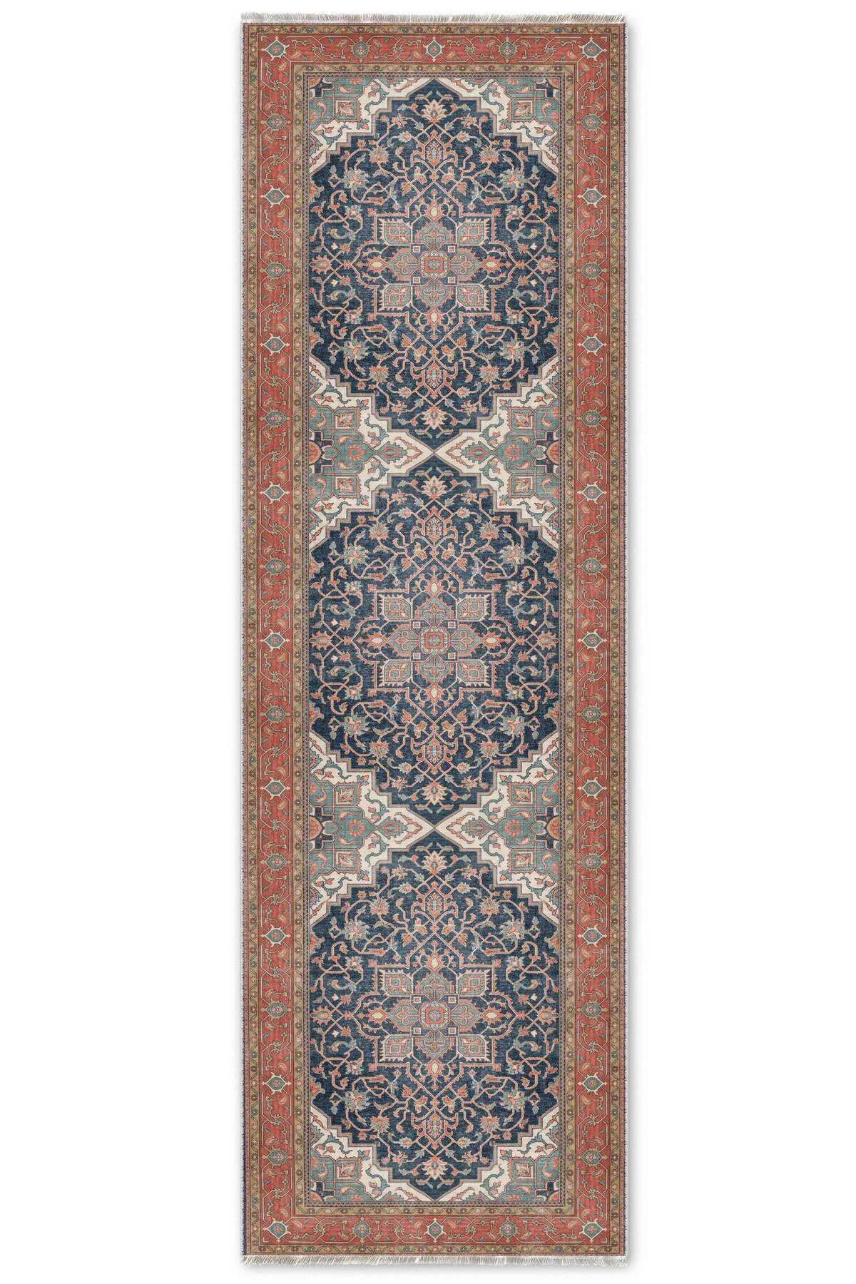 Turuncu Lacivert Boho Eskitme Şönil Halı Kilim Yolluk Kaymaz Salo
