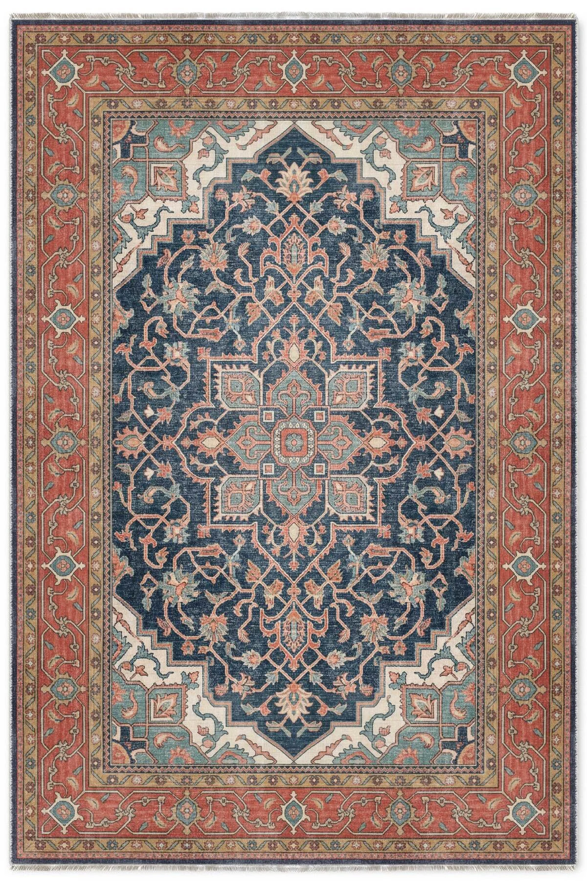 Turuncu Lacivert Boho Eskitme Şönil Halı Kilim Yolluk Kaymaz Salon Mutfak Koridor