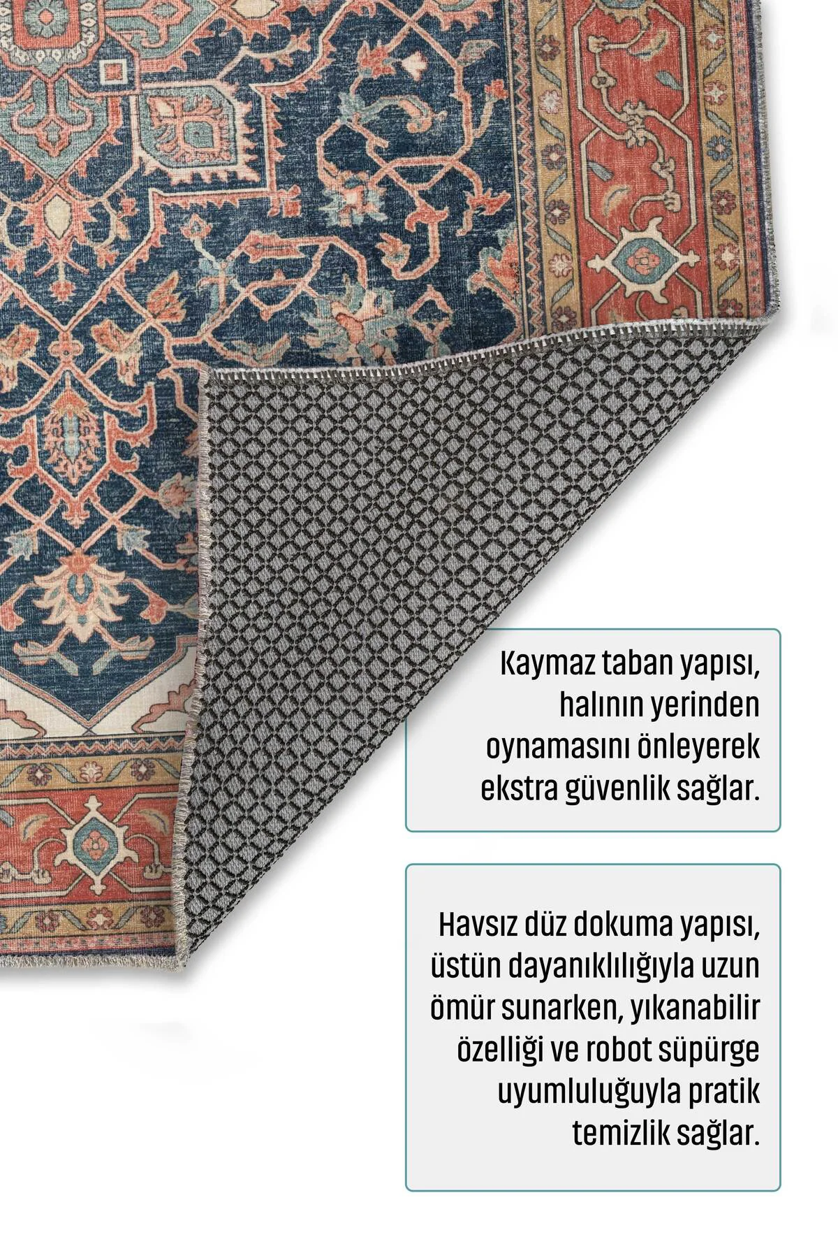 Turuncu Lacivert Boho Eskitme Şönil Halı Kilim Yolluk Kaymaz Salo
