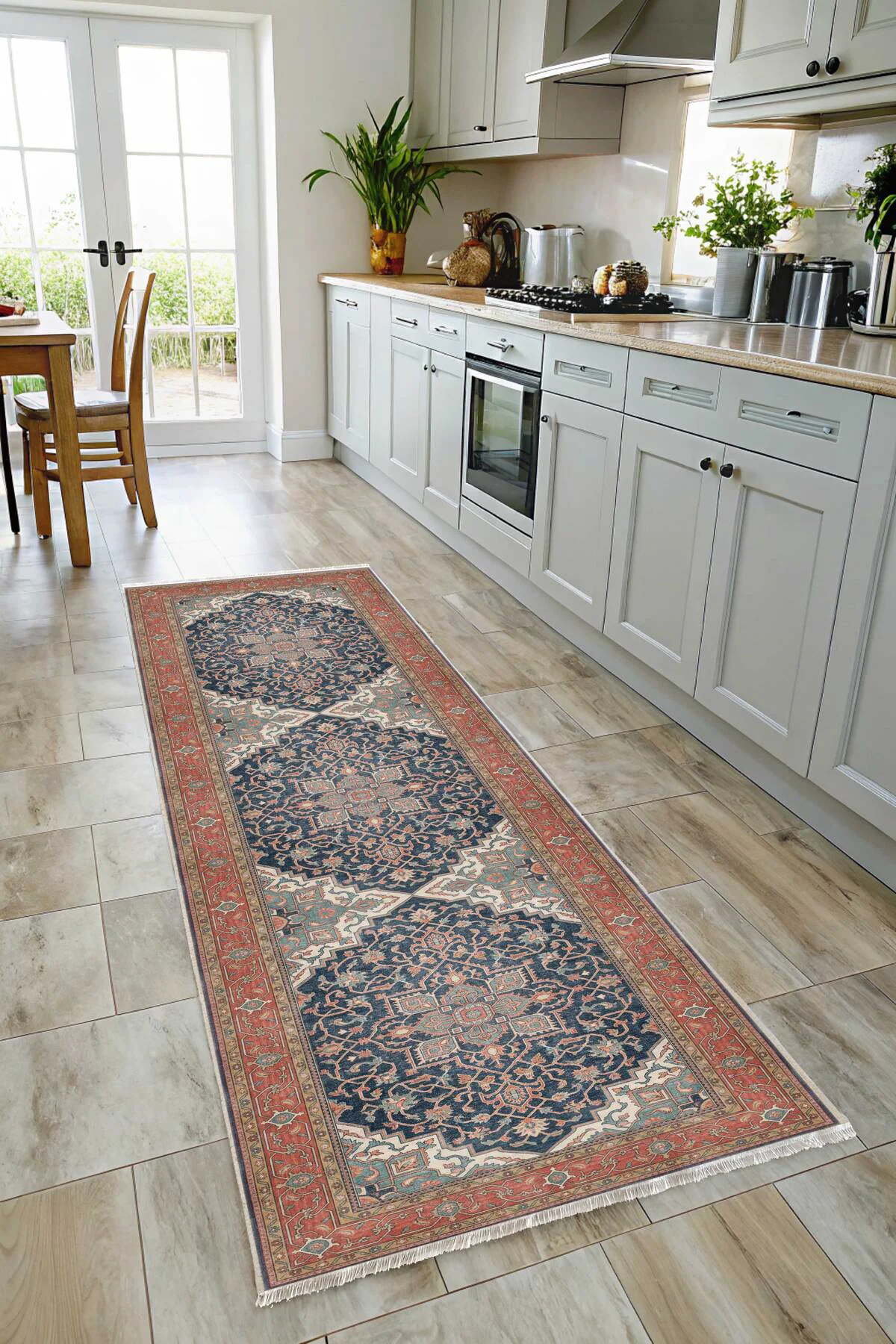 Turuncu Lacivert Boho Eskitme Şönil Halı Kilim Yolluk Kaymaz Salo