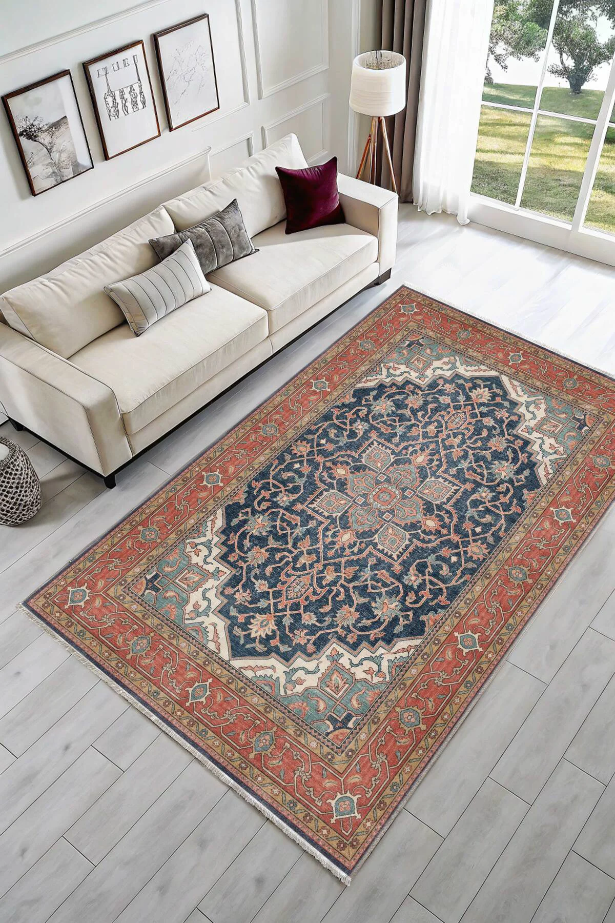 Turuncu Lacivert Boho Eskitme Şönil Halı Kilim Yolluk Kaymaz Salo