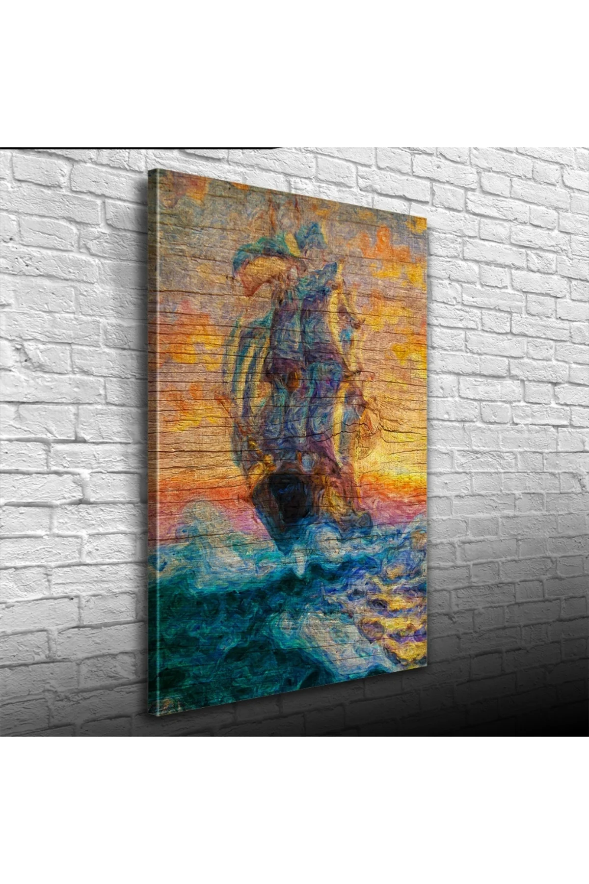Turuncu ve Mavi Tonlarda Yelkenli Kadırga Kanvas Tablo 50 x 70