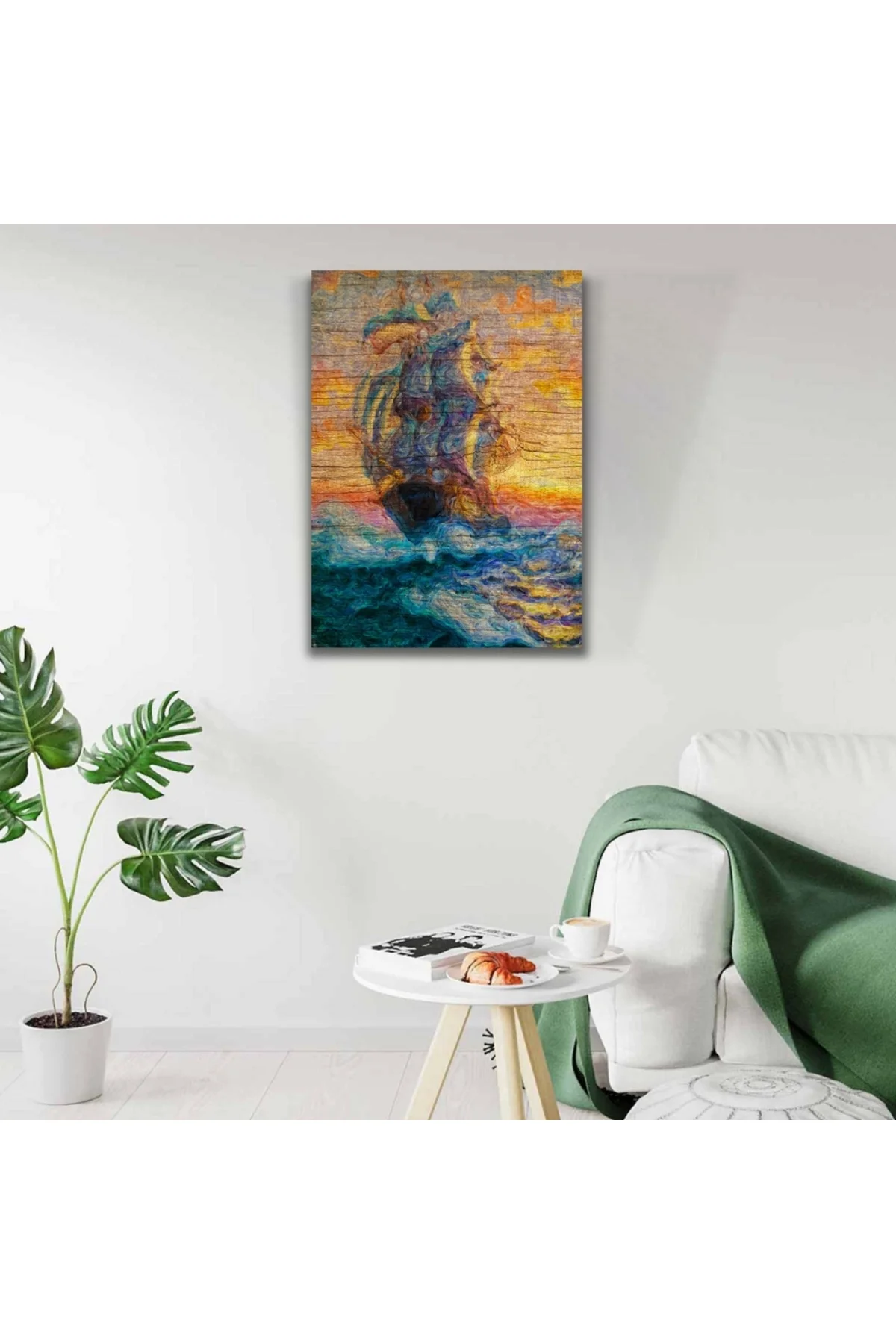 Turuncu ve Mavi Tonlarda Yelkenli Kadırga Kanvas Tablo 50 x 70