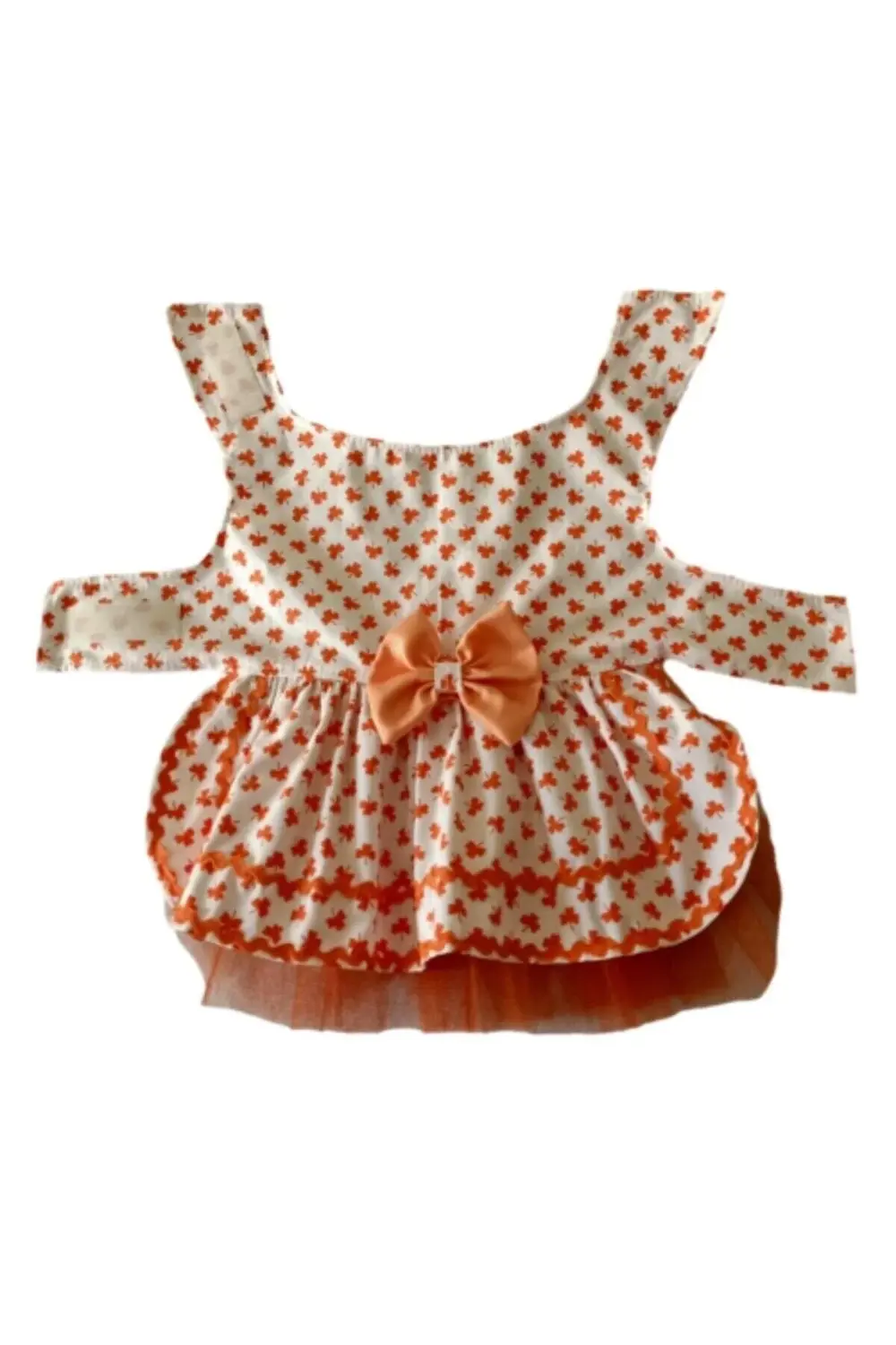 Turuncu Yaprak Desenli Papyonlu Beyaz Kedi Köpek Kıyafeti Elbises