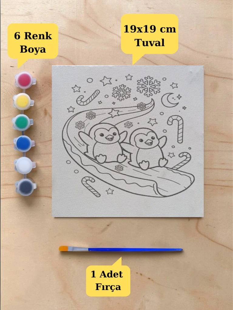 Tuval Boyama Aktivite Seti Sevimli Penguenler Baskılı 19x19 Cm (T