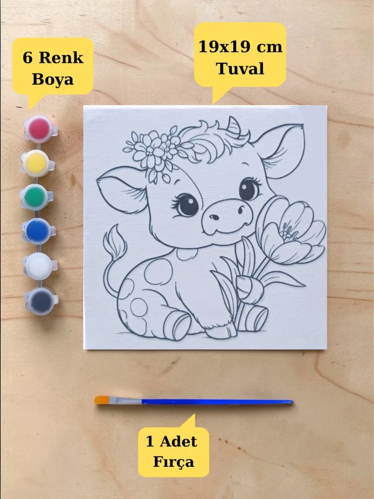 Tuval Boyama Aktivite Seti Sevimli İnek Baskılı 19x19 Cm (Tuval, 